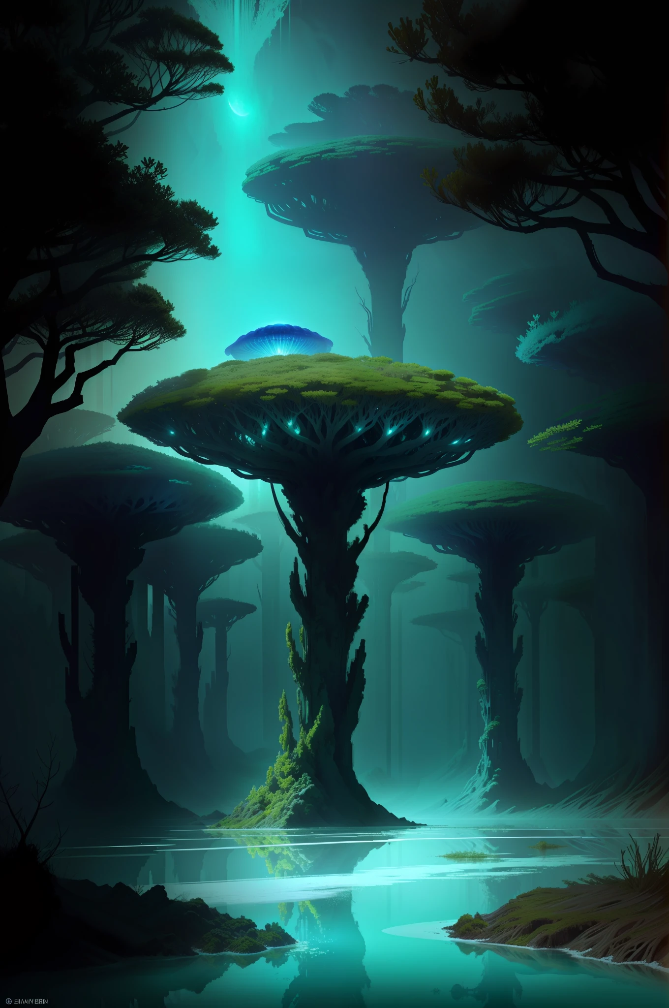 There are many jellyfish floating in the water near the shore, atmosfera pantanosa, Primordial Waters, lush alien landscape, ethereal landscape, em uma paisagem de sonho surreal, paisagem lovecraftiana, Paisagem sci-fiish, alien landscape, an alien landscape, strange alien forest, Distant nebulae are bright algae, cena surreal, alien forest in background