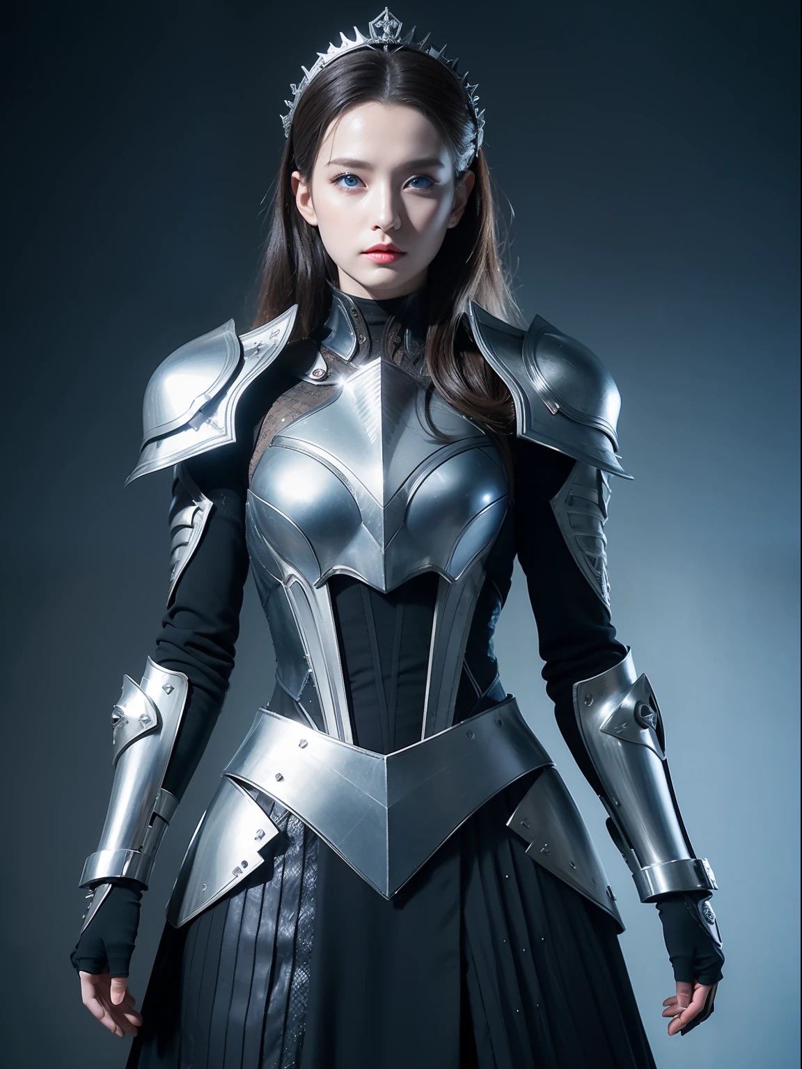 Masterpiece, Best quality, high resolution, 8K, Portrait, Realistic photo,（ Combine clothing with Korean fashion design），Digital photography, full bodyesbian, 1 16-year-old girl, (Cyborg), Beautiful blue-gray gradient long hair, Blue eyes, Intricate, elegant, Highly detailed, The crown of evil, Black dress, ,Silver metal exoskeleton armor, Intricate knightly hollow armor,power armour, Openwork design, mechanical structure, Photo pose, Solemn,, Red lips, From the movie《Final Fantasy XV》.Metallic texture, oc rendered，Reflective texture, ((Clothing cutting)), ((Set against the backdrop of the castle and the huge Moster))