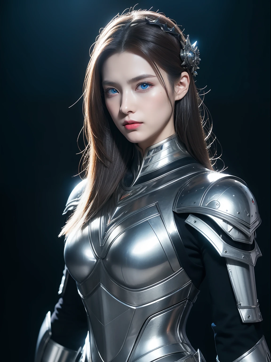 Masterpiece, Best quality, high resolution, 8K, Portrait, Realistic photo,( Combine clothing with Korean fashion design),Digital photography, full bodyesbian, 1 16-year-old girl, (Cyborg), Beautiful blue-gray gradient long hair, Blue eyes, Intricate, elegant, Highly detailed, The crown of evil, Black dress, ,Silver metal exoskeleton armor, Intricate knightly hollow armor,power armour, Openwork design, mechanical structure, Photo pose, Solemn,, Red lips, From the movie《Final Fantasy XV》.Metallic texture, oc rendered,Reflective texture, ((Clothing cutting)), ((Set against the backdrop of the castle and the huge Moster))