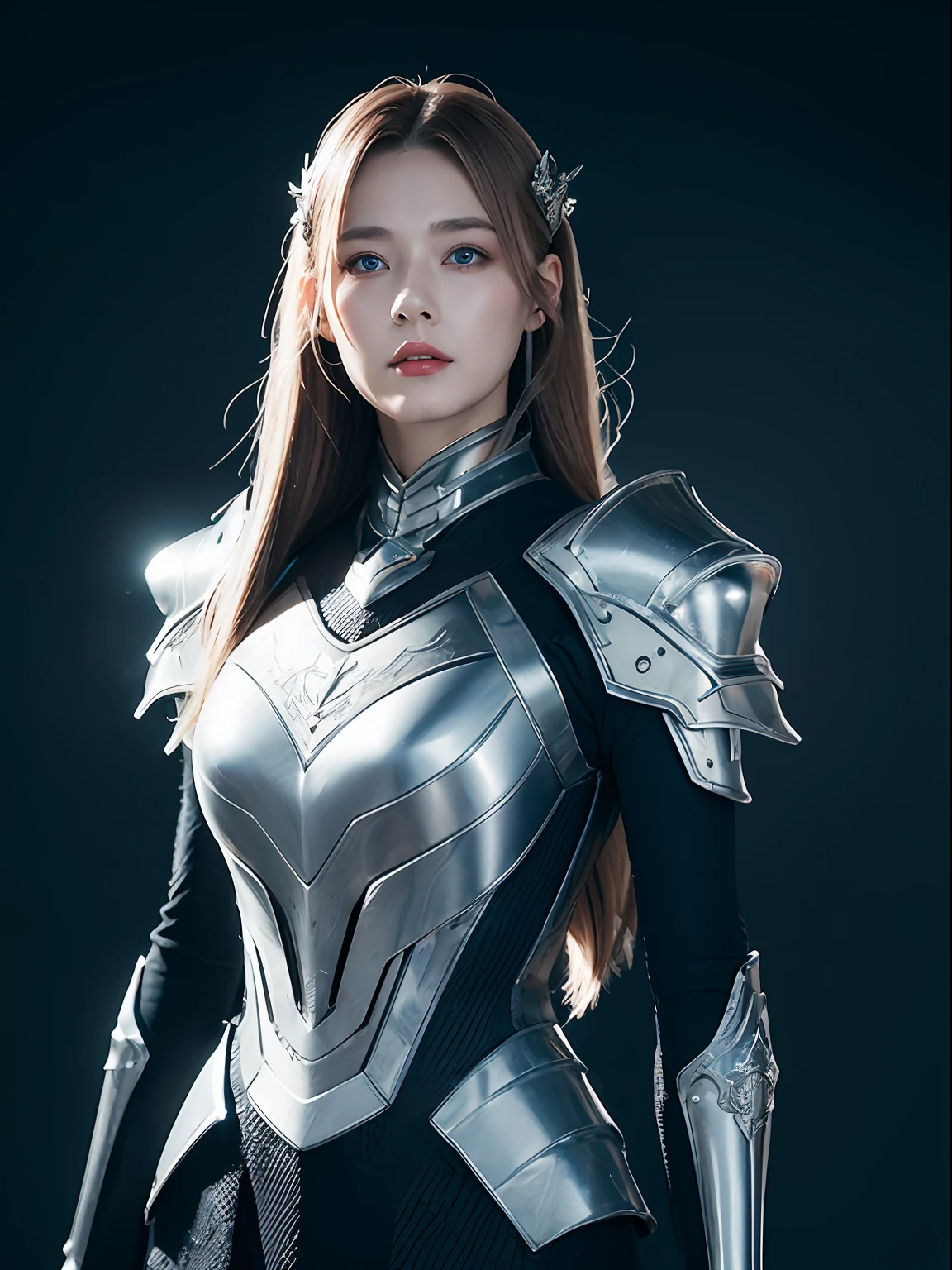Masterpiece, Best quality, high resolution, 8K, Portrait, Realistic photo,( Combine clothing with Korean fashion design),Digital photography, full bodyesbian, 1 -yeld gi (Cyborg), Beautiful blue-gray gradient long hair, Blue eyes, Intricate, elegant, Highly detailed, The crown of evil, Black dress, ,Silver metal exoskeleton armor, Intricate knightly hollow armor,power armour, Openwork design, mechanical structure, Photo pose, Solemn,, Red lips, From the movie《Final Fantasy XV》.Metallic texture, oc rendered,Reflective texture, ((Clothing cutting)), ((Set against the backdrop of the castle and the huge Moster))