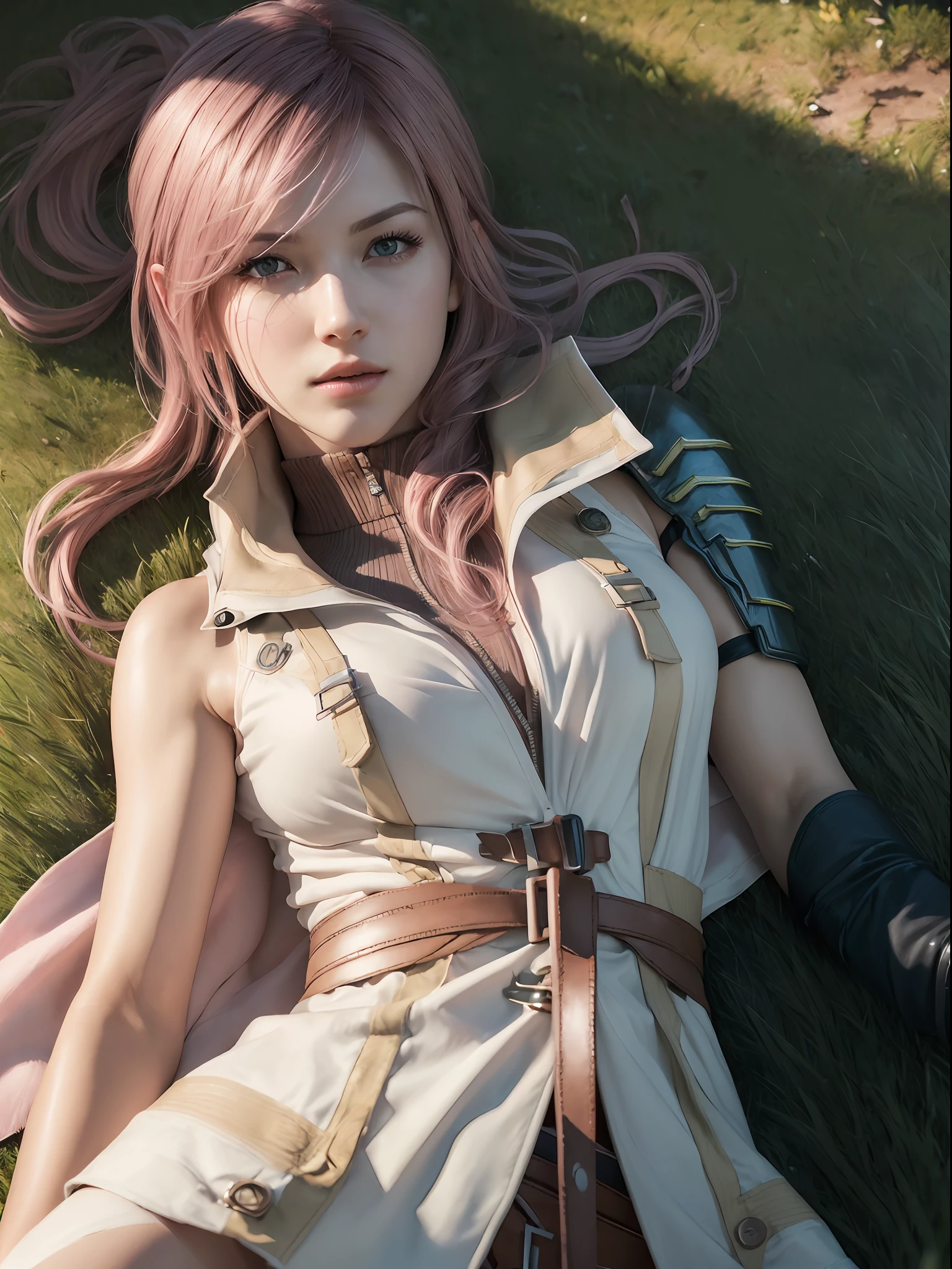 (masterpiece, best quality:1.4), (full body:1.2), (lie down on back:1.5), (from up:1.5), (1girl, solo:1.5), (european youth:1), lightning farron, sleeveless, shoulder armor, cape, skirt, fingerless gloves, looking at viewer, (soft pink hair:0.5), (erotic smile), (erotic pose:1.2), beautiful face, highly detailed face, highly detailed skin, skin pores, (lie down on the grass:1.5), subsurface scattering, realistic pupils, medium breast, full face blush, full lips, detailed background, depth of field, volumetric lighting, sharp focus, absurdres, realistic proportions, good anatomy, (realistic, hyperrealistic:1.4), 16k hdr,