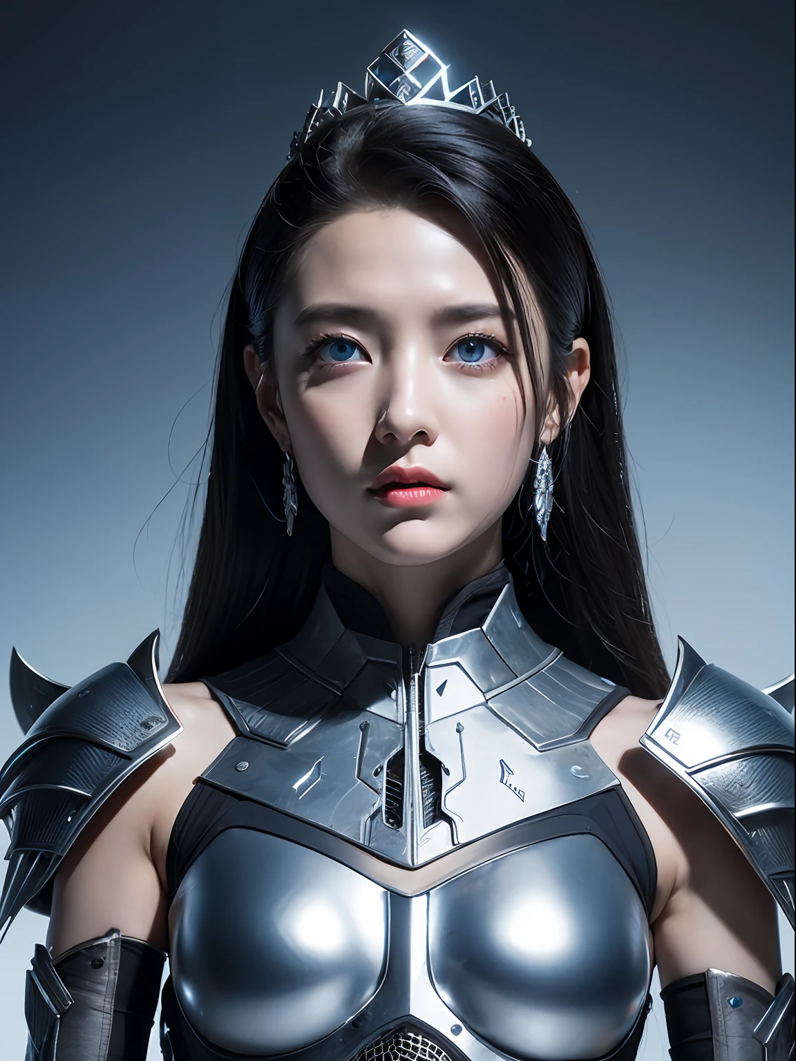 Masterpiece, Best quality, high resolution, 8K, Portrait, Realistic photo,（ Combine clothing with Korean fashion design），Digital photography, full bodyesbian, 1 16-year-old girl, (Cyborg), Beautiful blue-gray gradient long hair, Blue eyes, Intricate, elegant, Highly detailed, The crown of evil, Black dress, ,Silver metal exoskeleton armor, Intricate knightly hollow armor,power armour, Openwork design, mechanical structure, Photo pose, Solemn,, Red lips, From the movie《Final Fantasy XV》.Metallic texture, oc rendered，Reflective texture, ((Clothing cutting)), ((Set against the backdrop of the castle and the huge Moster))