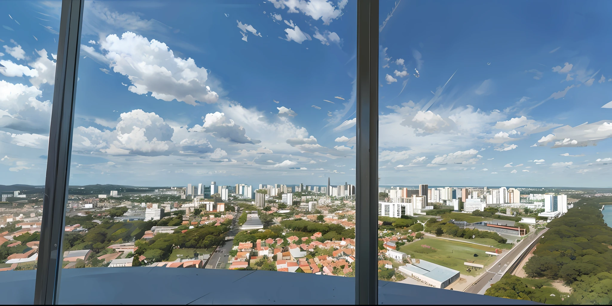 The city can be seen from a high-rise building, the morning sun, the cityscape in the distance, the buildings in the distance, the skyscrapers in the distance, the view in the distance, the buildings in the distance, the skyline in the distance, from the distance, from behind, 8 K.