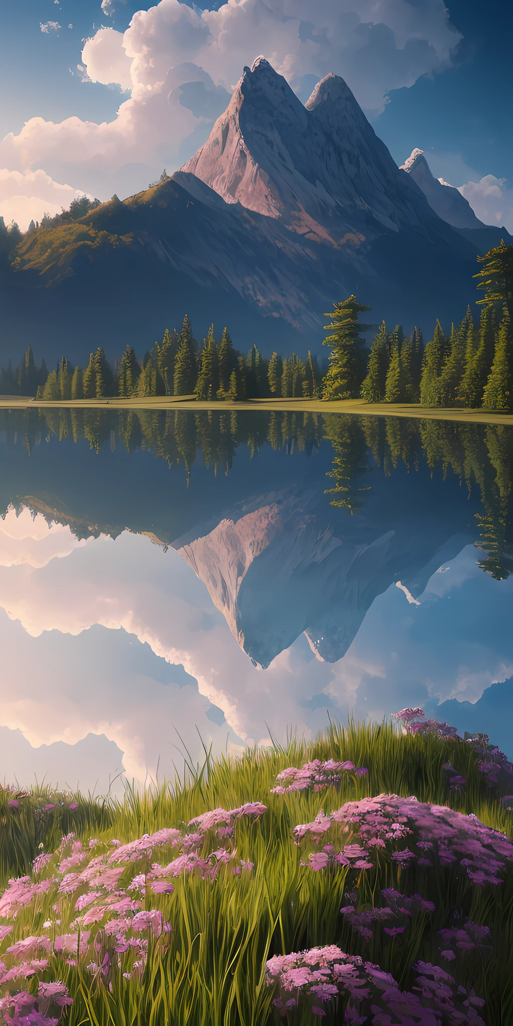 masterpiece, best quality, high quality, extremely detailed CG unity 8k wallpaper, scenery, outdoors, sky, cloud, day, no humans, mountain, landscape, water, tree, blue sky, waterfall, cliff, nature, lake, river, cloudy sky,award winning photography, Bokeh, Depth of Field, HDR, bloom, Chromatic Aberration ,Photorealistic,extremely detailed, trending on artstation, trending on CGsociety, Intricate, High Detail, dramatic, art by midjourney