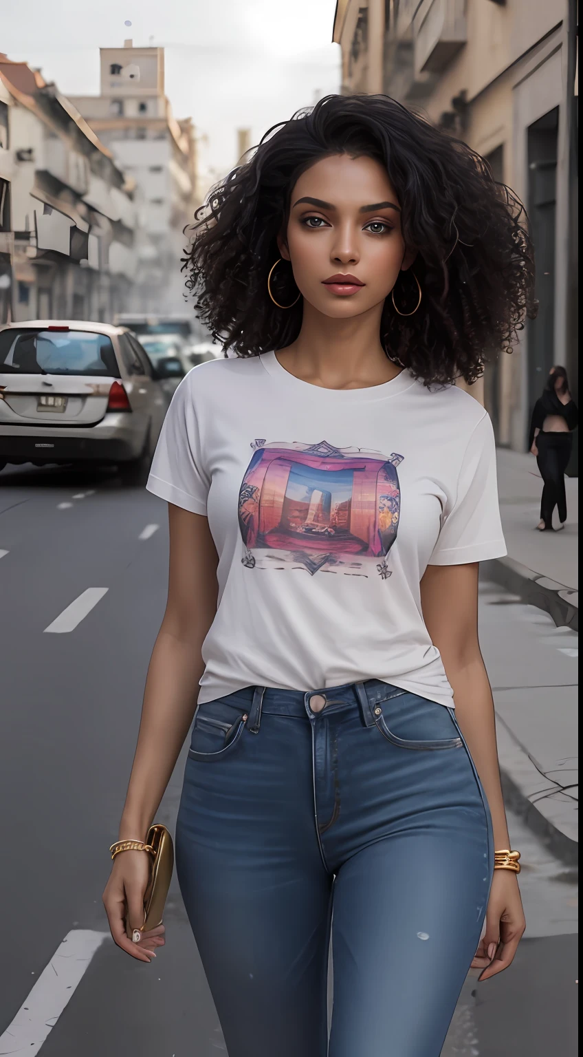 ((Best Quality, 8k, Masterpiece:1.3)), Focus: 1.2, Perfect Body Beauty: 1.4, front looking 1.2, (black short length curly hairstyle)), 25 years old Arabian beauty, whitened skin tone, (black round neck plain Baggy Tee-shirt, baggy style:1.1) torn skinny jeans , full length dark gray skinny torn jeans: 1.1, Highly detailed face and skin texture, Detailed eyes, Double eyelids, toned body, Whitened skin, black straight hair's, high heels, firm breasts, firm thighs, looking at camera, fashion shoot style, full body length tee-shirt, Short sleeves, high heels, small earrings, lots of fashion hand bangle's, and wrist bands, golden watch, light lipstick, mehndi designs on hand's, lose baggy tee-shirt, regular fit, war zone, dark cloud's, fighter jets flying, walking style, middle eastern beautiful women, model shoot, war zone, ruined city, damaged building's, damaged car's, smoke, fire, collapse buildings