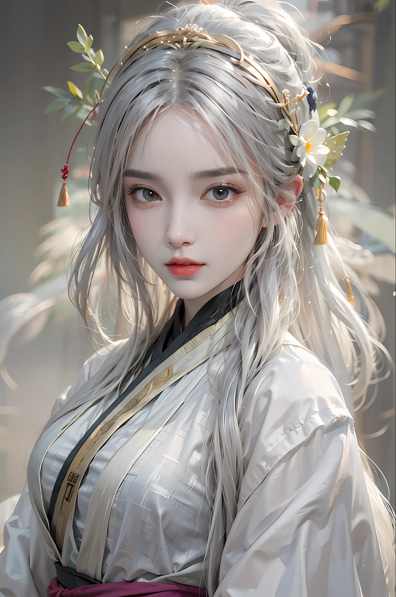 photorealistic, high resolution, 1 women, solo, hips up, look at viewer, (detailed face), white hair, long hair, ru_qun, hanfu