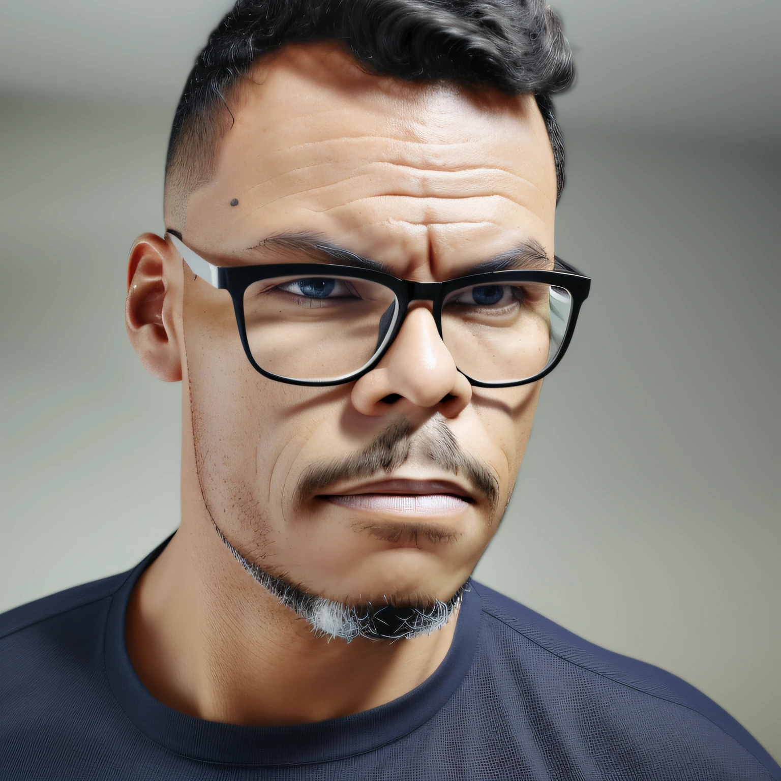 guttonervision8, obra-prima, melhor qualidade, trabalho de rending 3d, estilo 3DMM, close-up, retrato, 3D, Man in glasses, solo, cabelo castanho, cabelo curto, olhando para frente, realista, parte superior do corpo, fundo simples, barba, olhando para longe, olhos castanhos, super realista, quadrinhos