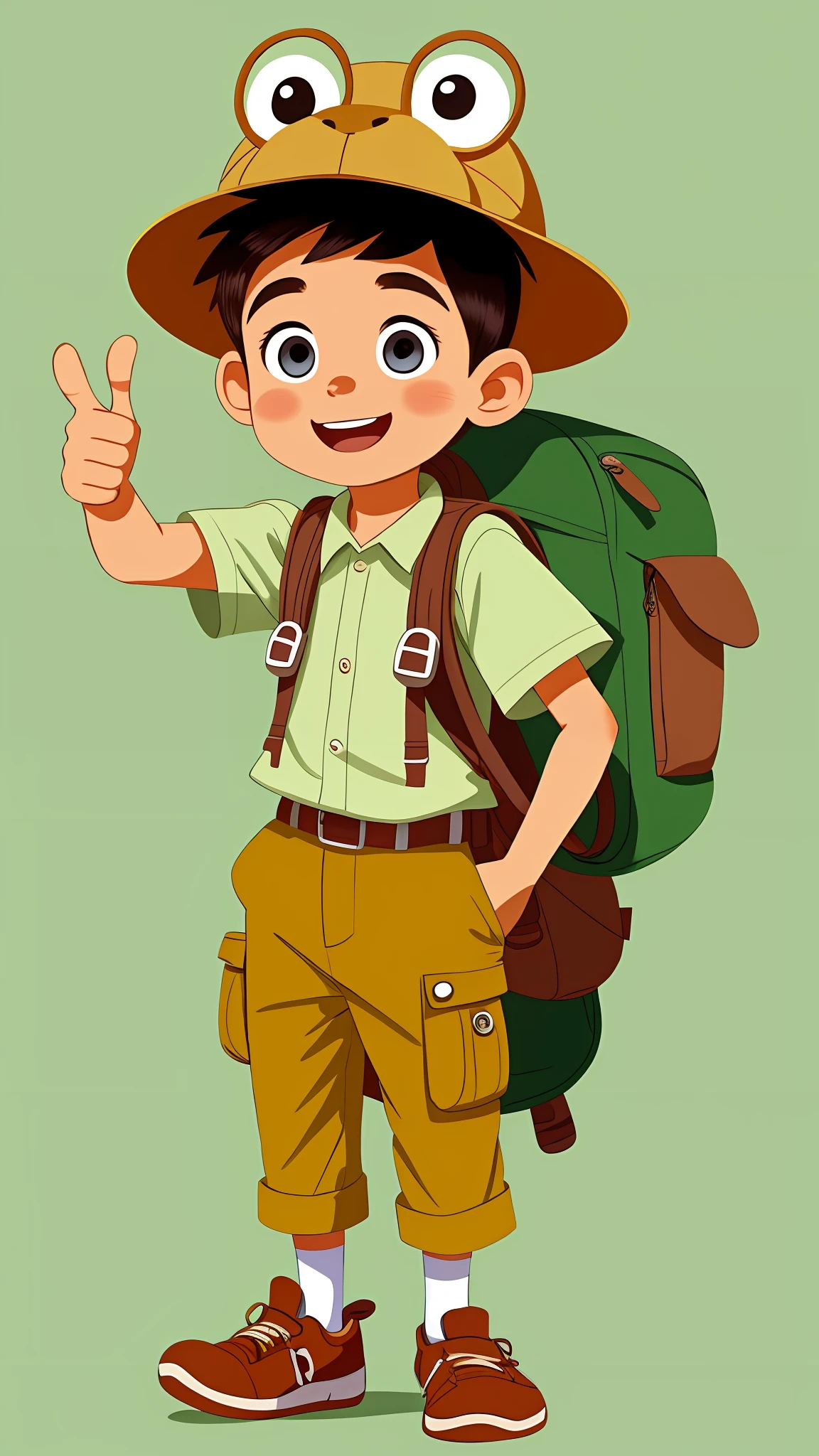 Cartoon boy in safari outfit with backpack giving thumbs up, Menino Escoteiro, com uma mochila, explorador