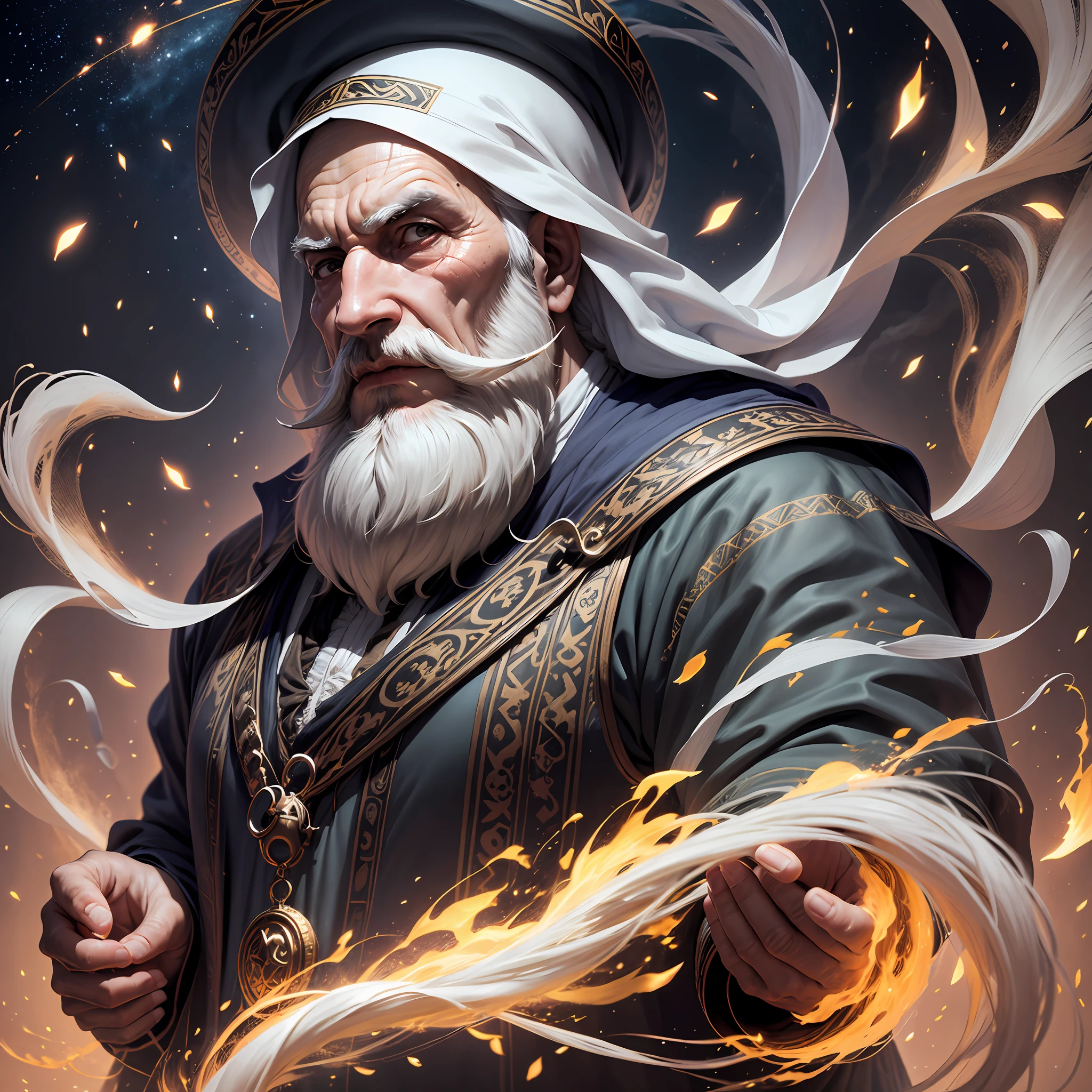 1200s. An old Arabic wizard with a developing gray beard, a spell, spirits all around, a dynamic pose, wind, smoke, sparks, stars above the clouds, surrealism, super realistic, cinematic, muted colors, background fantasy Arabic fairy tale universe --auto --s2