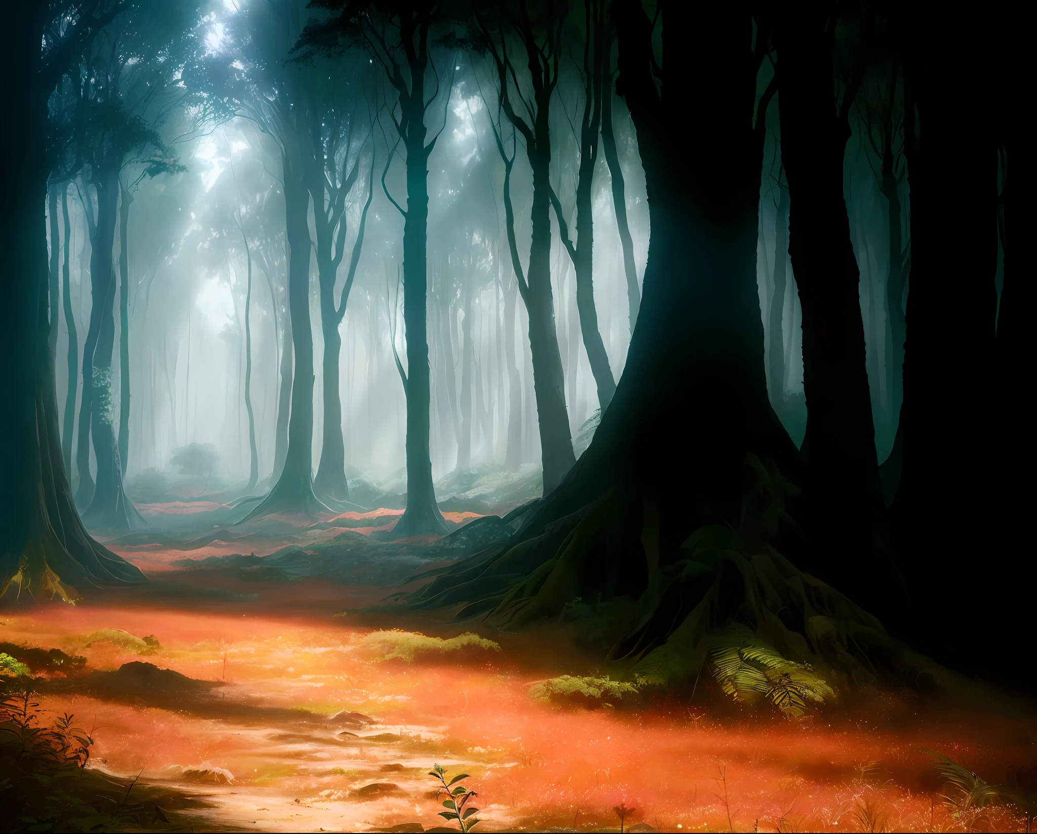 There is an image of a forest with trees, land area in the middle of the forest, motor Unreal de ray tracing, ambiente florestal ultra detalhado, floresta misteriosa, piso texturizado, riqueza de detalhes, imagem 4k, mega resolution, paisagem densa neblinosa, desmatamento florestal, Film forest around a deforested area, plantas rasteiras, Detailed vegetation, troncos de arvore, arte de fundo, Pintura digital de fantasia, floresta assustadora, paisagem de limpeza florestal, pintura digital muito detalhada