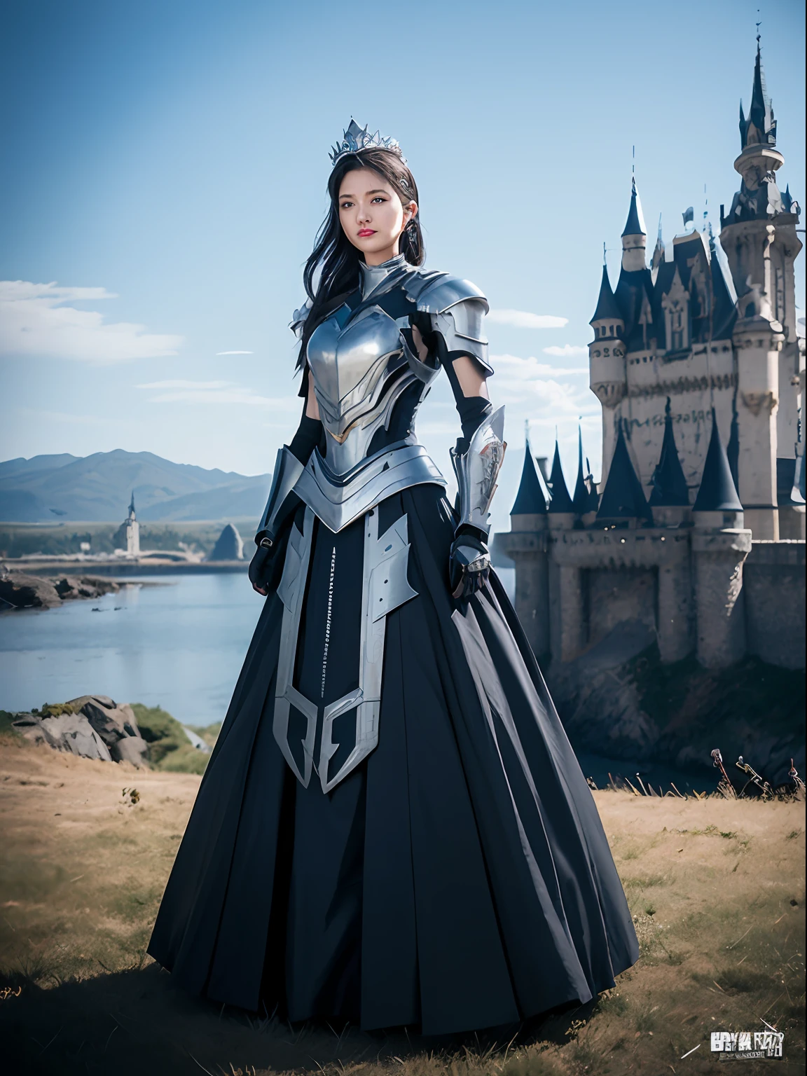 Masterpiece, best quality, high resolution, 8K, Portrait, realistic photo,（ Combining clothes with Korean fashion designs），Digital photography, full body, 1  girl, (cyborg), beautiful blue gray gradient long hair, blue eyes, intricate, elegant, Highly detailed, Evil Crown, Black dress, ,silver metal exoskeleton armor, Intricate knight's hollow armor,power armor, cutout design, Mechanical structure, photo pose, solemn,, red lips, From the film Kingsglaive Final Fantasy XV.Metallic texture, oc rendering，Reflective texture, ((Clothing cutting)), ((With castles and giant moster in the background))