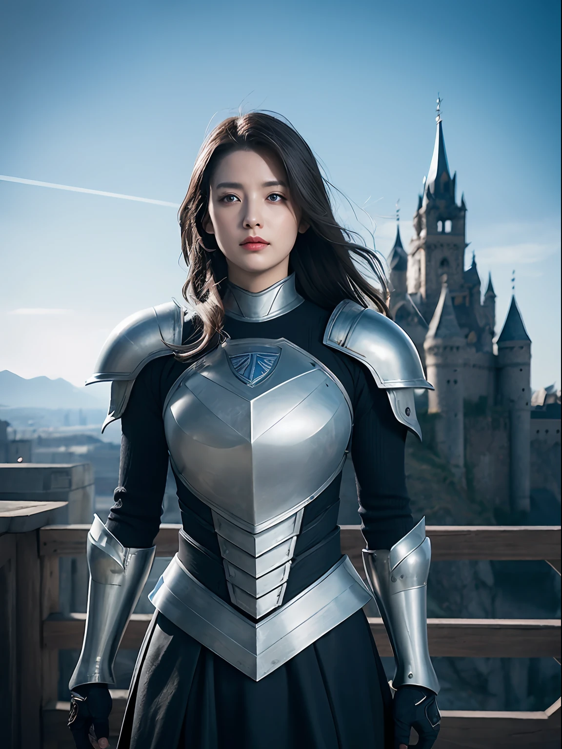 Masterpiece, best quality, high resolution, 8K, Portrait, realistic photo,( Combining clothes with Korean fashion designs),Digital photography, full body, 1 16 year old girl, (cyborg), beautiful blue gray gradient long hair, blue eyes, intricate, elegant, Highly detailed, Evil Crown, Black dress, ,silver metal exoskeleton armor, Intricate knight's hollow armor,power armor, cutout design, Mechanical structure, photo pose, solemn,, red lips, From the film Kingsglaive Final Fantasy XV.Metallic texture, oc rendering,Reflective texture, ((Clothing cutting)), ((With castles and giant moster in the background))
