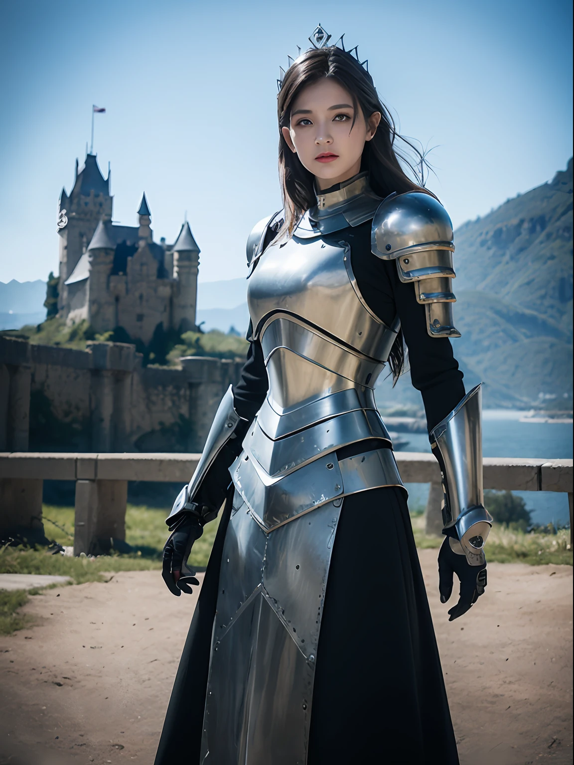 Masterpiece, best quality, high resolution, 8K, Portrait, realistic photo,( Combining clothes with Korean fashion designs),Digital photography, full body, 1 girl, (cyborg), beautiful blue gray gradient long hair, blue eyes, intricate, elegant, Highly detailed, Evil Crown, Black dress, ,silver metal exoskeleton armor, Intricate knight's hollow armor,power armor, cutout design, Mechanical structure, photo pose, solemn,, red lips, From the film Kingsglaive Final Fantasy XV.Metallic texture, oc rendering,Reflective texture, ((Clothing cutting)), ((With castles and giant moster in the background))