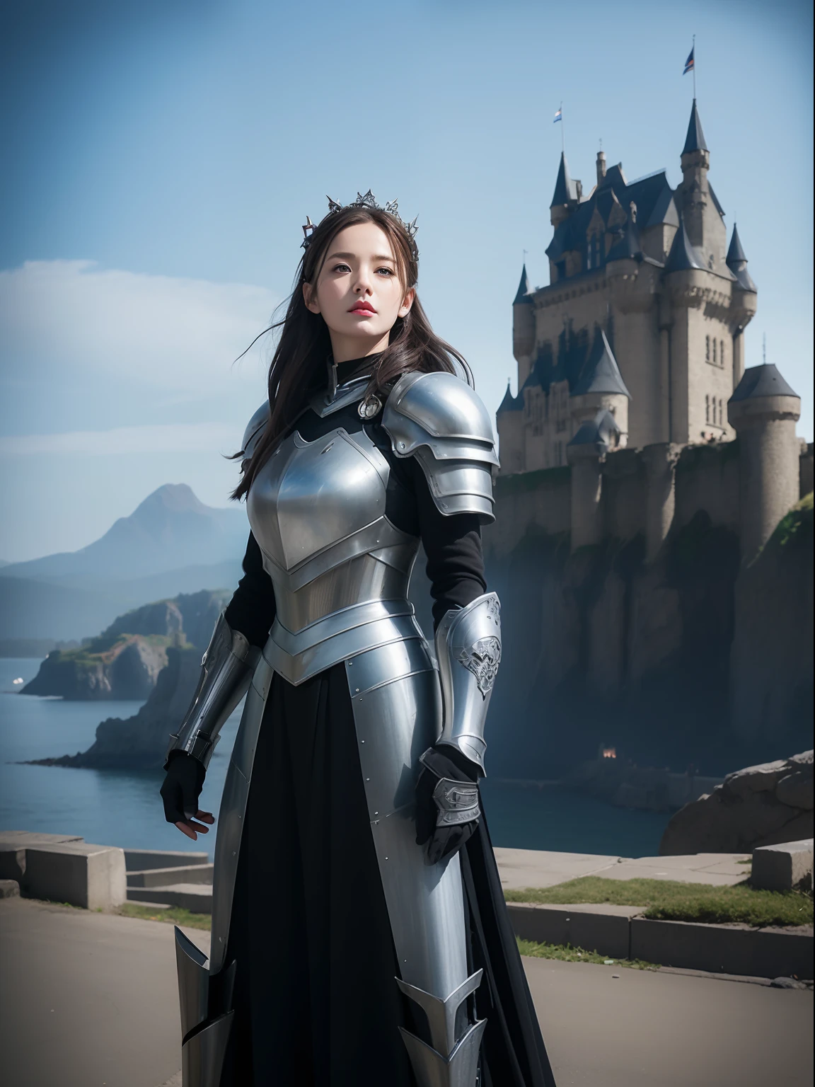 Masterpiece, best quality, high resolution, 8K, Portrait, realistic photo,( Combining clothes with Korean fashion designs),Digital photography, full body, 1 girl, (cyborg), beautiful blue gray gradient long hair, blue eyes, intricate, elegant, Highly detailed, Evil Crown, Black dress, ,silver metal exoskeleton armor, Intricate knight's hollow armor,power armor, cutout design, Mechanical structure, photo pose, solemn,, red lips, From the film Kingsglaive Final Fantasy XV.Metallic texture, oc rendering,Reflective texture, ((Clothing cutting)), ((With castles and giant moster in the background))