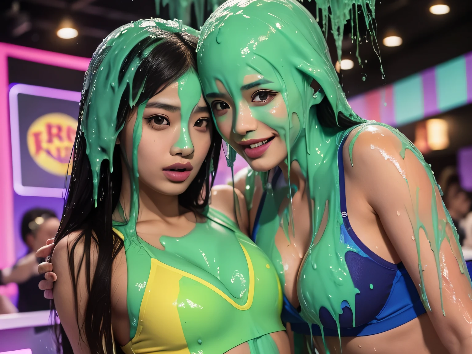 (2 Korean women hugging: 1.8), 8k, hd, masterpiece, hyper realistic, super detailed, extreme realism, photo realistic, (2 Korean Models: 1.9), sports bra and panties, (inside game show set: 1.9), game show studio, cleavage, small breasts, (wet slime dripping dripping from ceiling: 1.1), beautiful face, delicate eyes, detailed face, thick eyeliner, long eyelashes