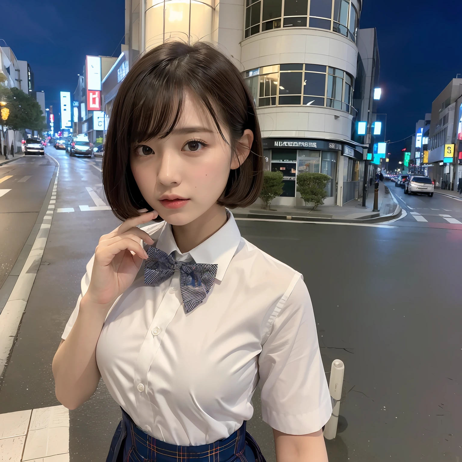(8k, RAW photo, best quality, masterpiece:1.2), (realistic, photo-realistic:1.37), ultra-detailed, 1 girl,cute, solo,beautiful detailed sky,detailed tokyo street,night, medium breasts,beautiful detailed eyes,(collared shirt:1.1), bowtie,pleated skirt,(short hair:1.2),floating hair,short hai,