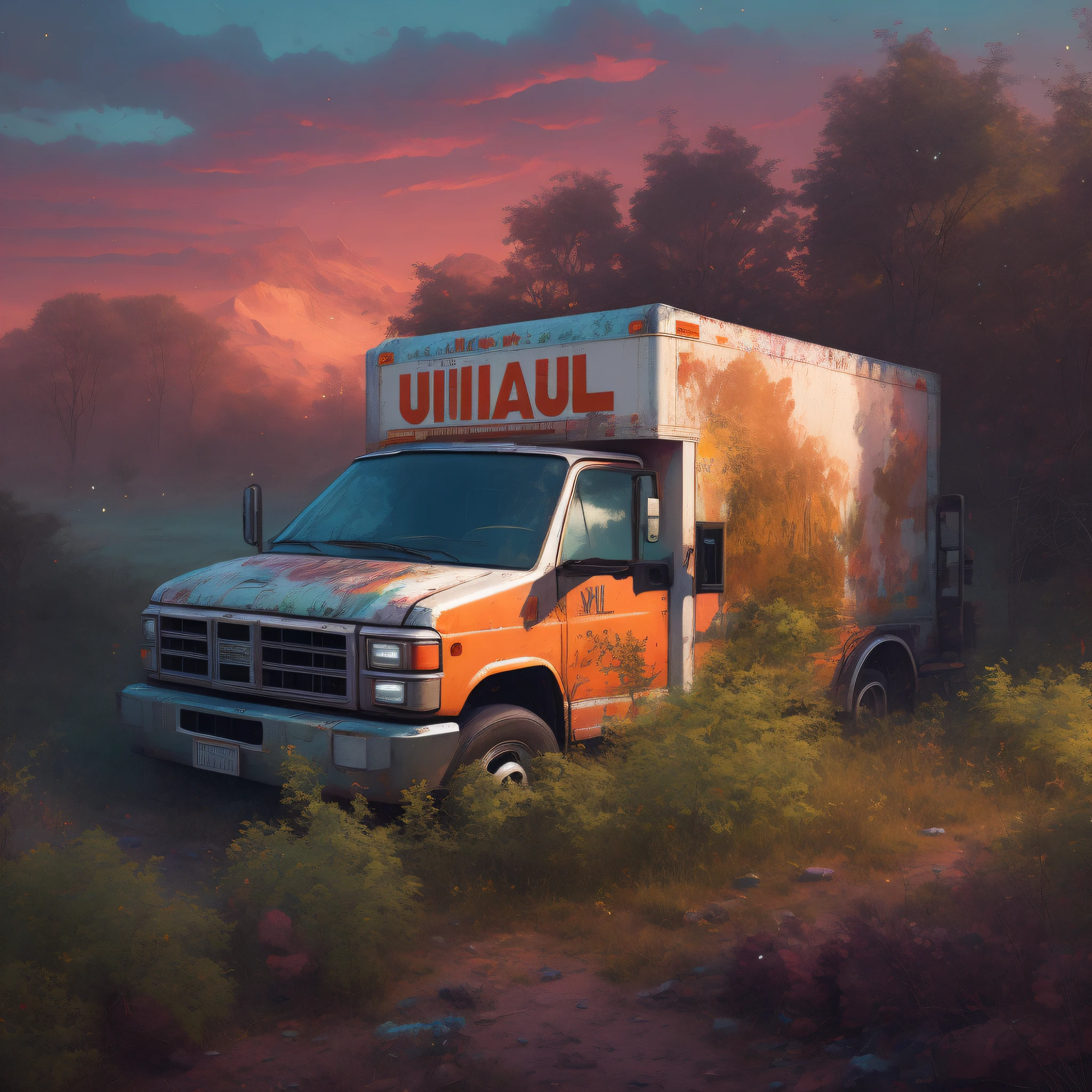 painting of a truck with a uhaul sign on the side of it, by Mike Winkelmann, in the art style of filip hodas, concept art | rhads, rhads and lois van baarle, inspired by Simon Stalenhag, by Filip Hodas, style of simon stalenhag, by Simon Stalenhag