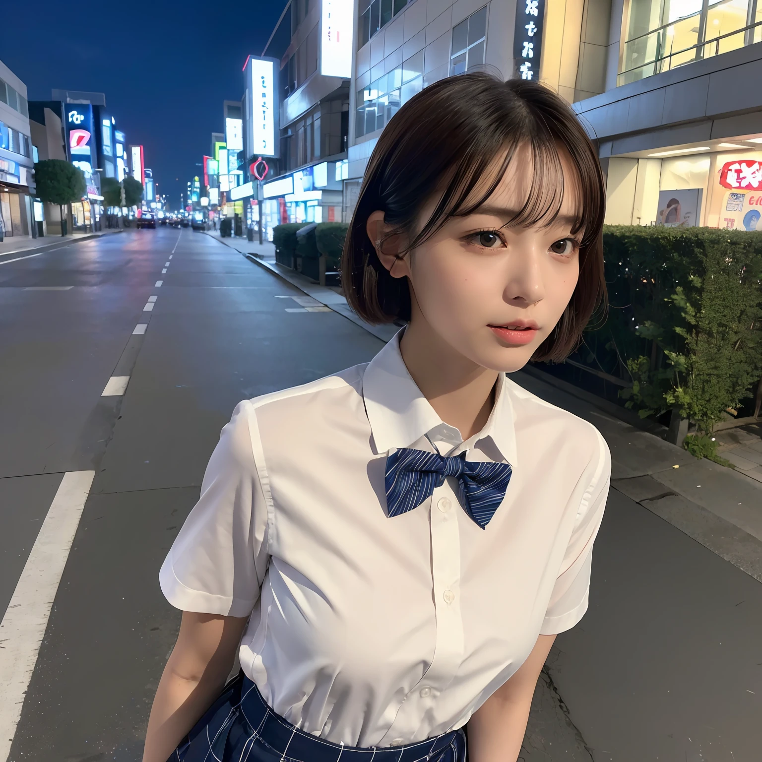 (8k, RAW photo, best quality, masterpiece:1.2), (realistic, photo-realistic:1.37), ultra-detailed, 1 girl,cute, solo,beautiful detailed sky,detailed tokyo street,night, medium breasts,beautiful detailed eyes,(collared shirt:1.1), bowtie,pleated skirt,(short hair:1.2),floating hair,short hai,