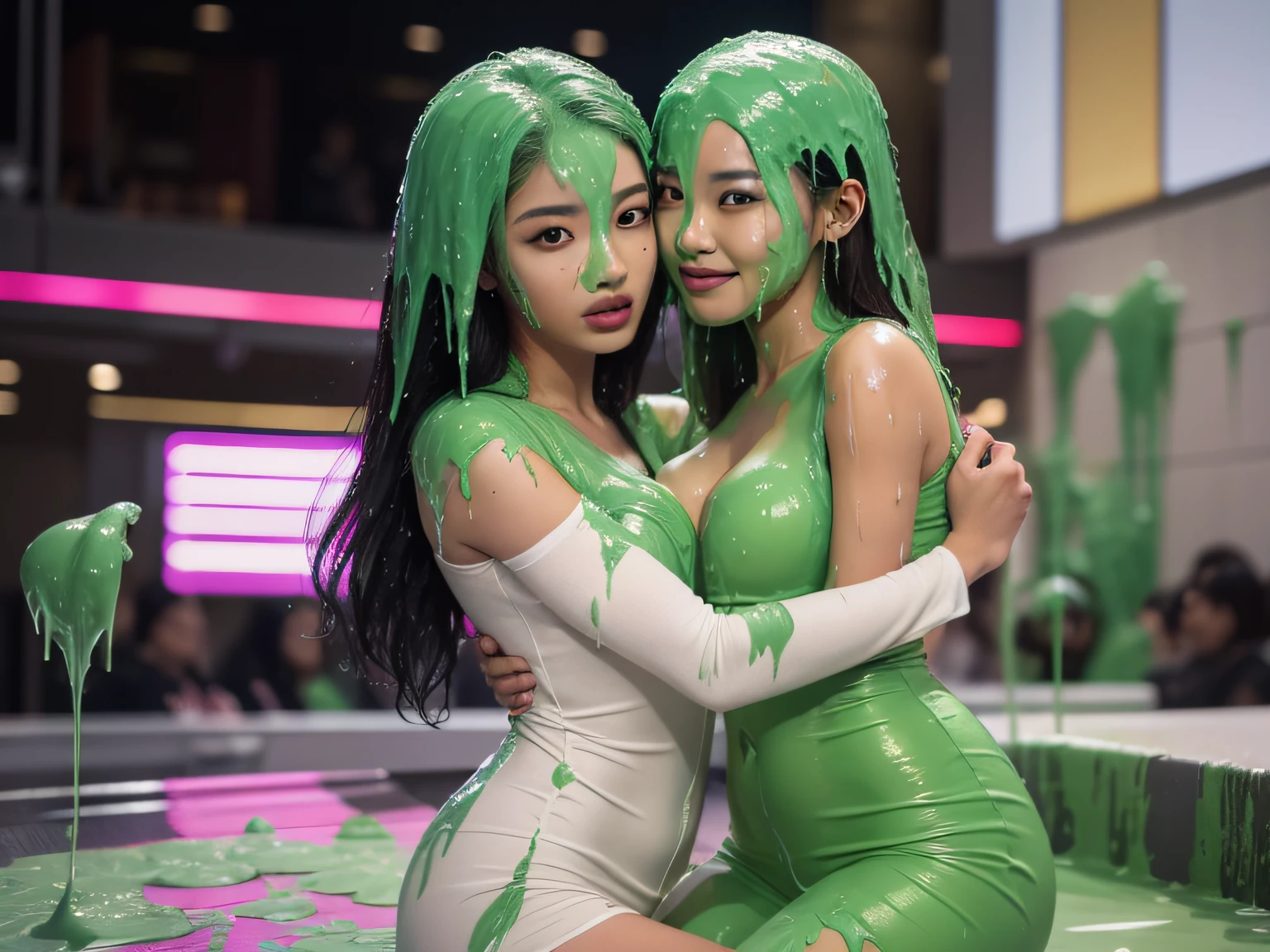 (2 Korean women hugging: 1.6), 8k, hd, masterpiece, hyper realistic, super detailed, extreme realism, photo realistic, (2 Korean Models: 1.5), wearing a jumpsuit, flight suit, prison jumpsuit, aviation jumpsuit, (inside game show set: 1.9), cleavage, small breasts, (wet slime dripping down both women: 1.1), beautiful face, delicate eyes, detailed face