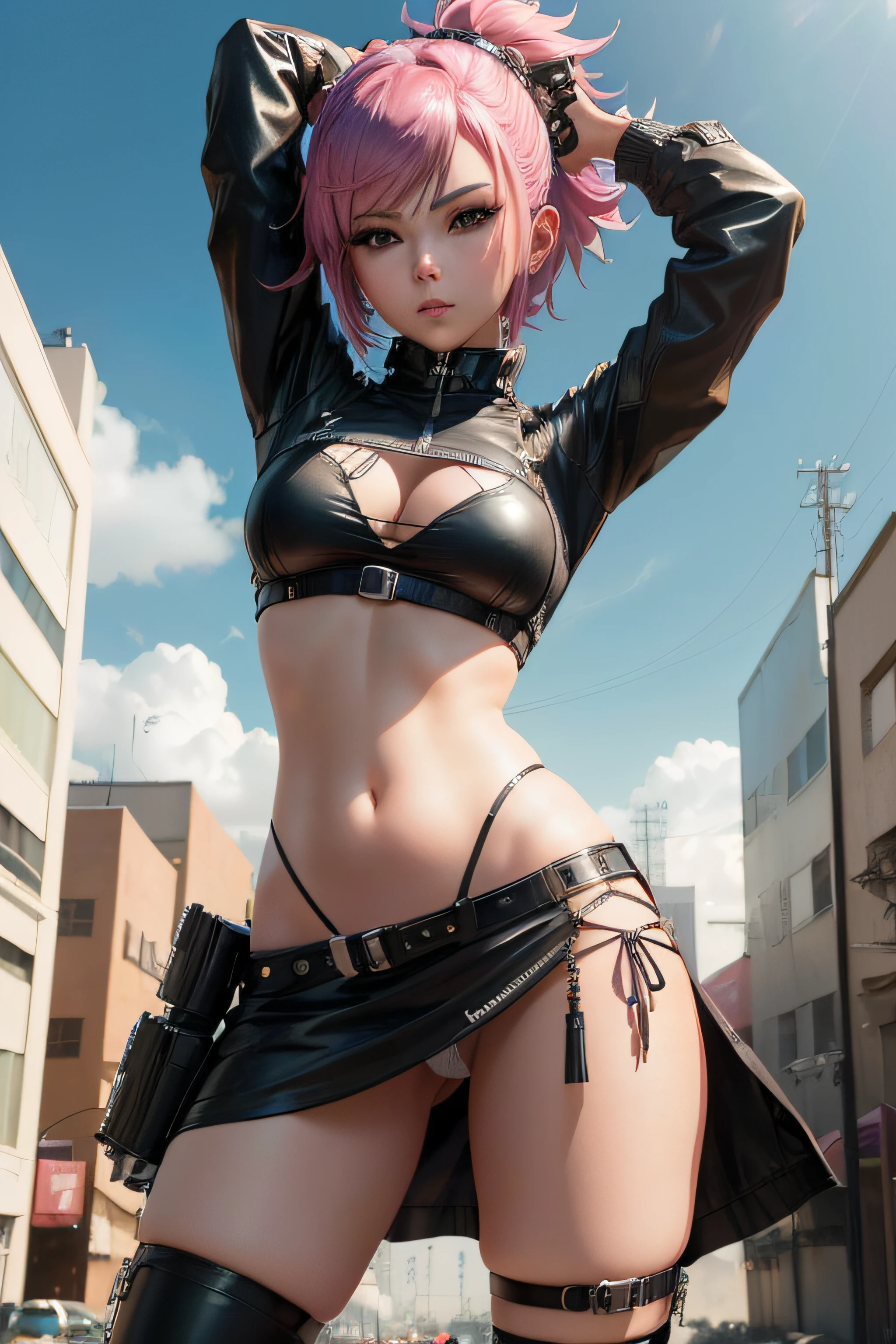 there is a woman in a leather outfit posing on a street, photorealistic anime girl render, female cyberpunk anime girl, cyberpunk anime girl, seductive anime girl, badass anime 8 k, 2b, 2 b, 3 d anime realistic, realistic anime 3 d style, anime style 4 k, photorealistic anime, anime styled 3d, anime style. 8k