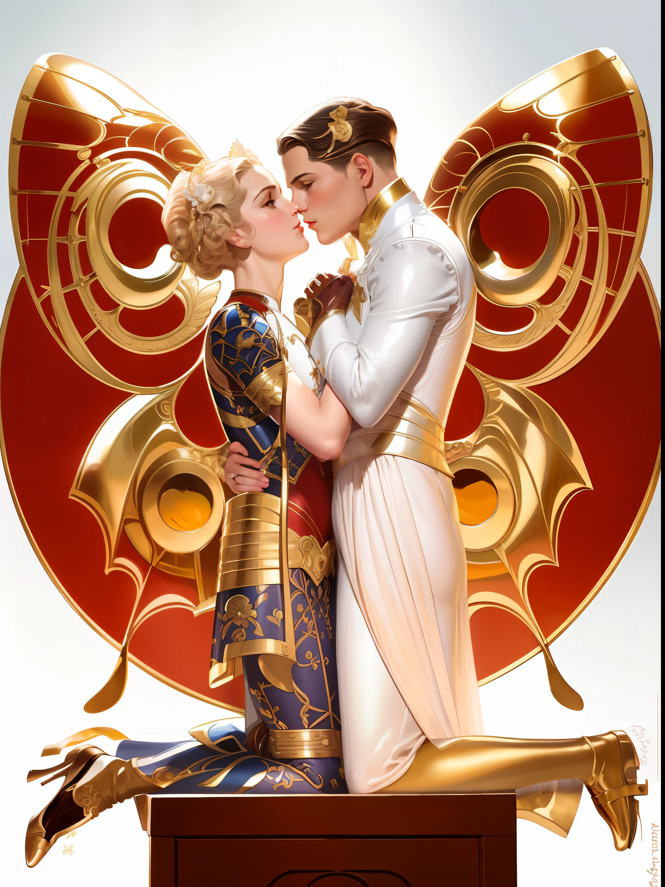 Araffes vestidos com uma fantasia de borboleta beijando uma mulher, Joseph Leyendecker, Inspirado por Joseph Christian Leyendecker, Estilo Leyendecker, inspirado em J.C. Leyendecker, inspirado em J. C. Leyendecker, inspirado em Frank Xavier Leyendecker, J C Leyendecker 8 K, JC Leyendecker