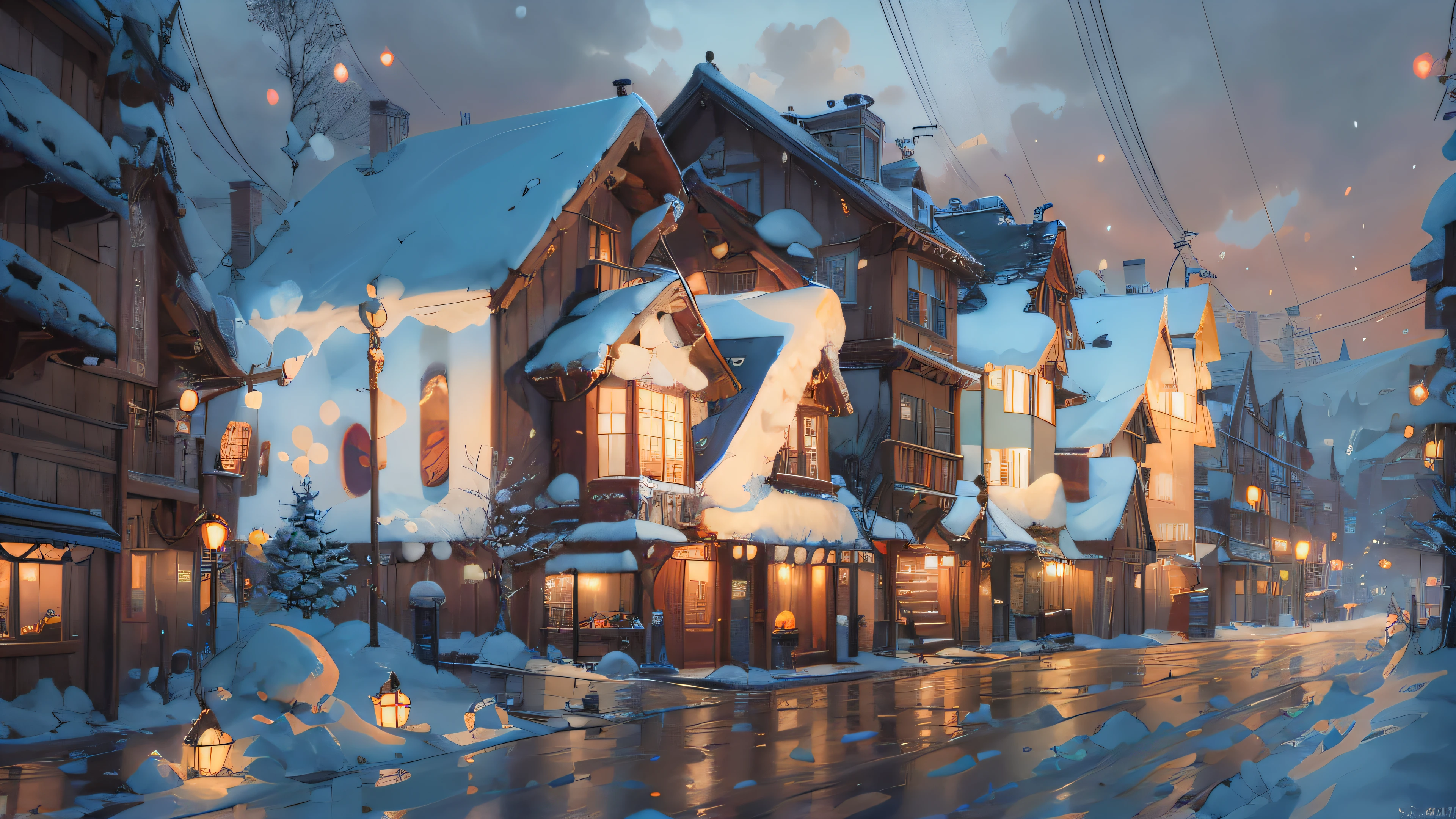 Snowy streetscape with snow-capped buildings and street lights, Arte conceitual de inverno, Snowy. By Makoto Shinkai, inspired by Andreas Rocha, andreas rocha style, author：Alexander Jean, a multidimensional cozy tavern, Detailed 4K concept art, 4k highly detailed digital art, the style of andreas rocha, painterly concept art