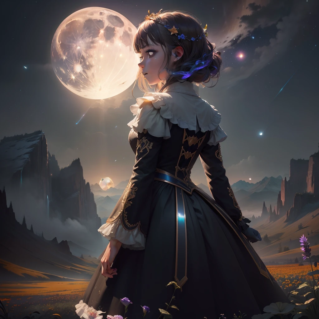 Expansive landscape photograph, (view from below with a view of the sky and wilderness below), little girl standing in a flower field looking up, (full moon: 1.2), (shooting star: 0.9), (nebula: 1.3), distant mountain, tree break production art, (warm light source: 1.2), (firefly: 1.2), lamp, purple and orange, intricate detail, volume lighting, realism break (masterpiece: 1.2) (Best Quality), 4K, Ultra-Detailed, (Dynamic Configuration: 1.4), Highly Detailed and Colorful Details, (Iridescent Colors: 1.2), (Glowing Lighting, Atmospheric Lighting), Dreamy, Magical, (Solo: 1.2)