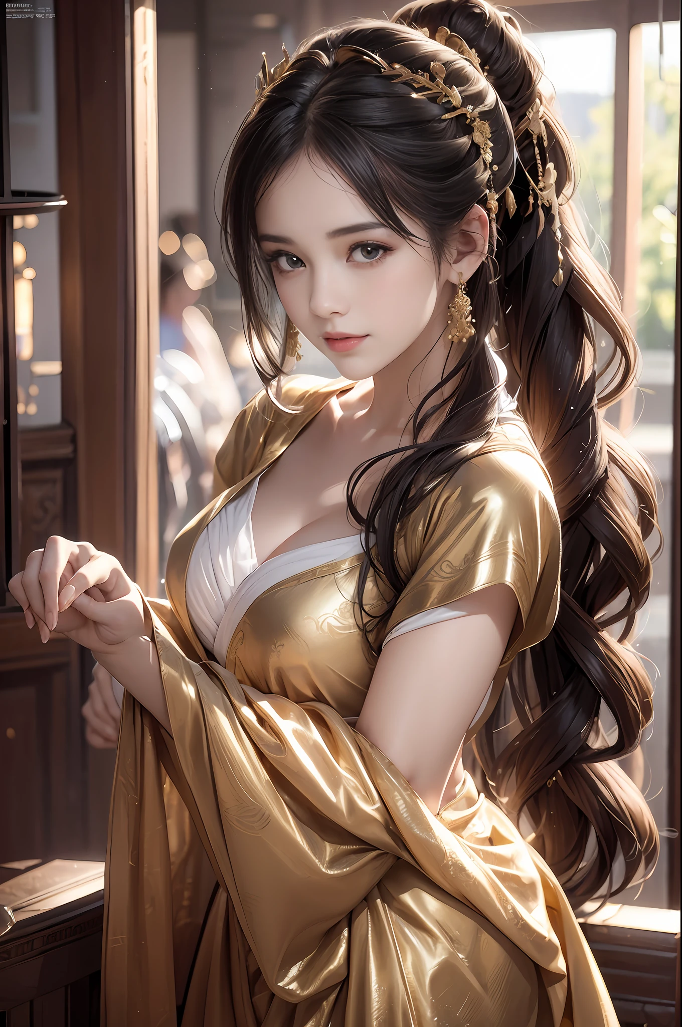((Best Quality)), ((Ultra High Resolution)), ((Realistic)), Fine details, Age 19 on Appearance, Black hair, Perfect face shape, Moderate Makeup:1.5, Face lighting, Accentuating Details, Long hair, Wearing Chinese Wedding Dress, Gold Headgear Decoration, Holding a fan, Red Wedding Dress Extra Points: 1.3, Gold Dress Details. portrait of a full body, windows, a bed, drapes, Candlelight, present a picture of a long-range pose.