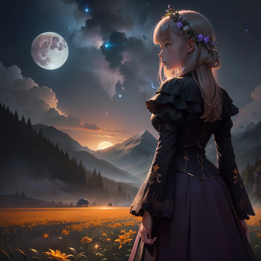 Expansive landscape photograph, (view from below with a view of the sky and wilderness below), girl standing in a flower field looking up, (full moon: 1.2), (shooting star: 0.9), (nebula: 1.3), distant mountain, tree break production art, (warm light source: 1.2), (firefly: 1.2), lamp, purple and orange, intricate detail, volume lighting, realism break (masterpiece: 1.2) (Best Quality), 4K, Ultra-Detailed, (Dynamic Configuration: 1.4), Highly Detailed and Colorful Details, (Iridescent Colors: 1.2), (Glowing Lighting, Atmospheric Lighting), Dreamy, Magical, (Solo: 1.2)