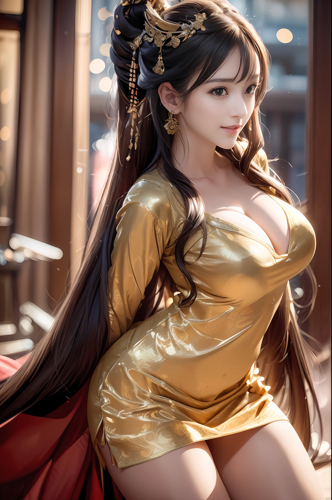 ((Best Quality)), ((Ultra High Resolution)), ((Realistic)), Fine details, Age 19 on Appearance, Black hair, Perfect face shape, Moderate Makeup:1.5, Face lighting, Accentuating Details, Long hair, Wearing Chinese Wedding Dress, Gold Headgear Decoration, Holding a fan, Red Wedding Dress Extra Points: 1.3, Gold Dress Details. portrait of a full body, windows, a bed, drapes, Candlelight, present a picture of a long-range pose.