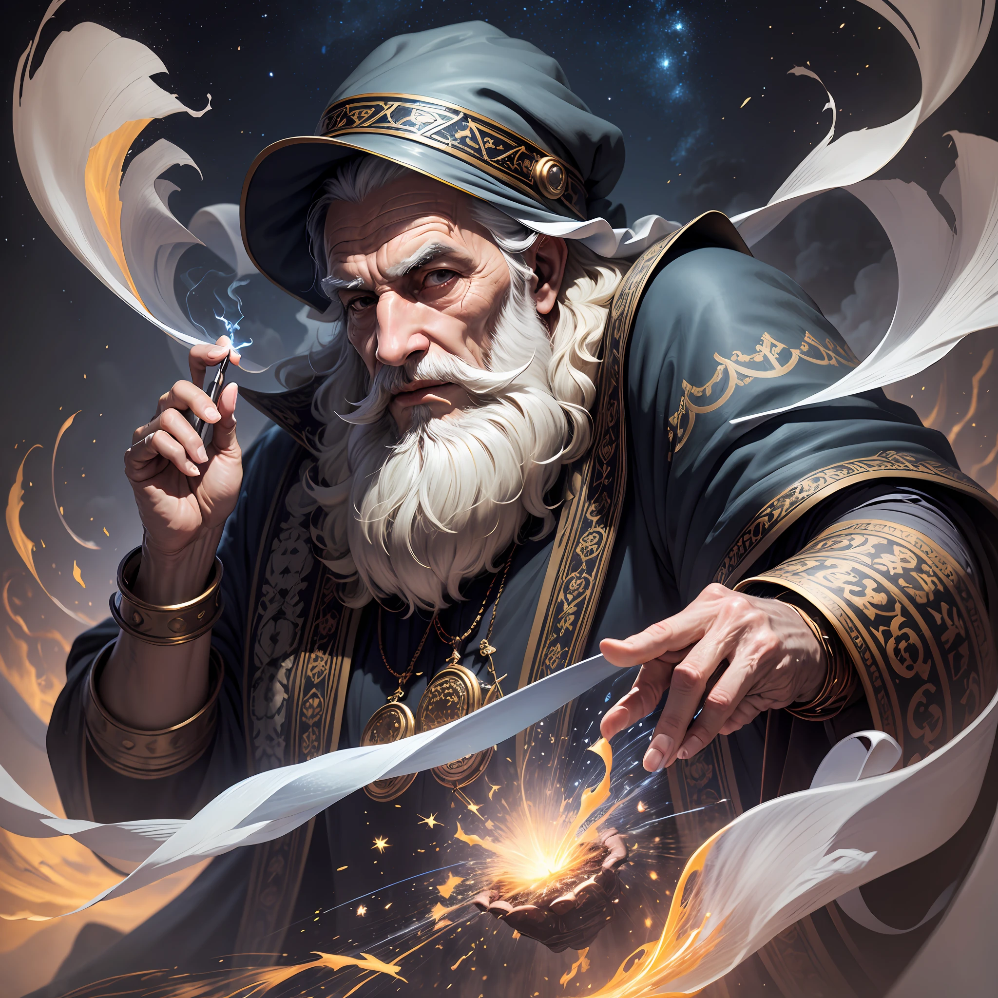 1200s. An old Arabic wizard with a developing gray beard, a spell, spirits all around, a dynamic pose, wind, smoke, sparks, stars above the clouds, surrealism, super realistic, cinematic, muted colors, background fantasy Arabic fairy tale universe --auto --s2