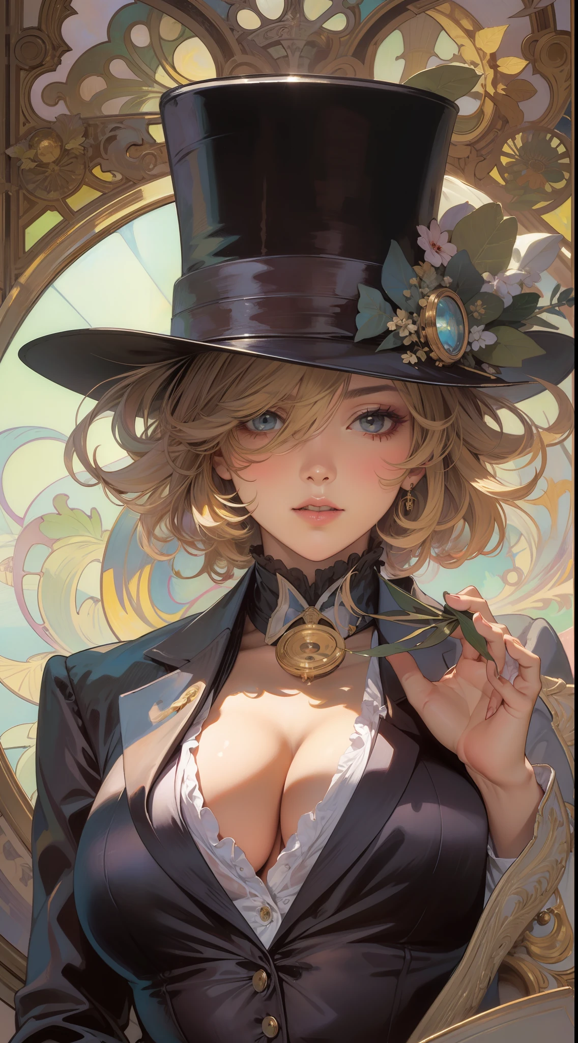 beautiful lady, Alphonse Mucha's style、Top hat、tailcoat, Jacket, tiese, monocle, light reflections, Oil painting, voluminetric lighting,sexy big breasts exposed,Bigchest