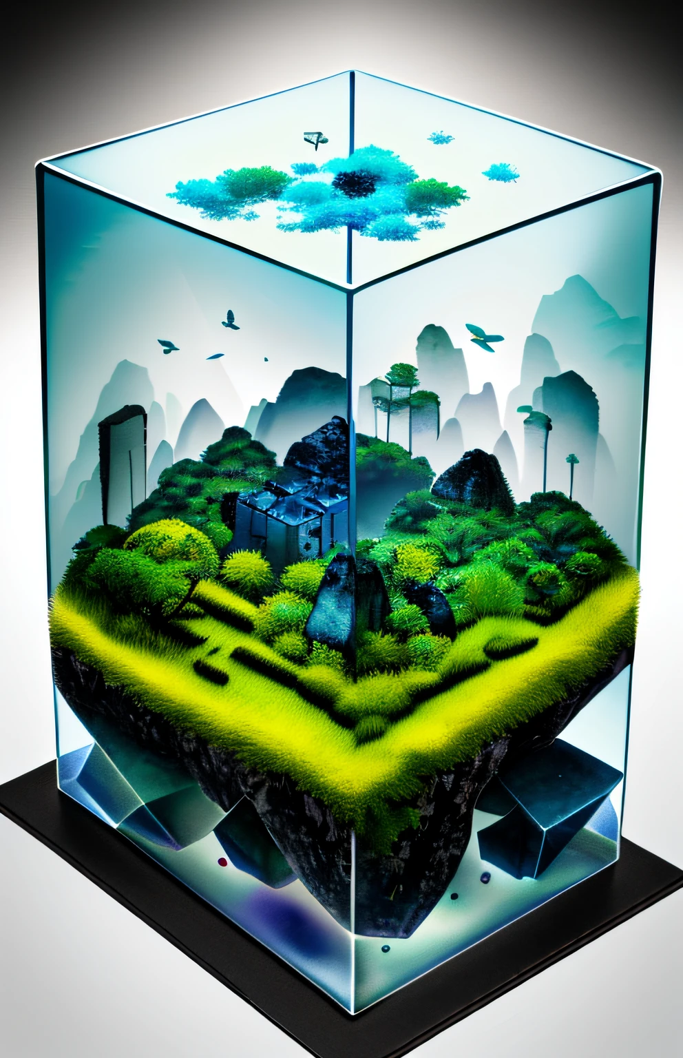 microworld rendering style, Contained tiny glass cube, inside the cube are (scenecy, tinta, Montanhas, water, brazi) , volumetric, nuvem, vibrante, colorido, altamente detalhado, 4k UHD, 8k, octan render, Assunto centrado, fundo branco,
