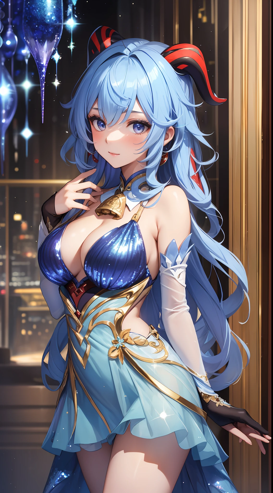 Beautiful girl, wearing a sexy white-blue sequin party dress, ganyudef, best quality, masterpiece, highly detailed