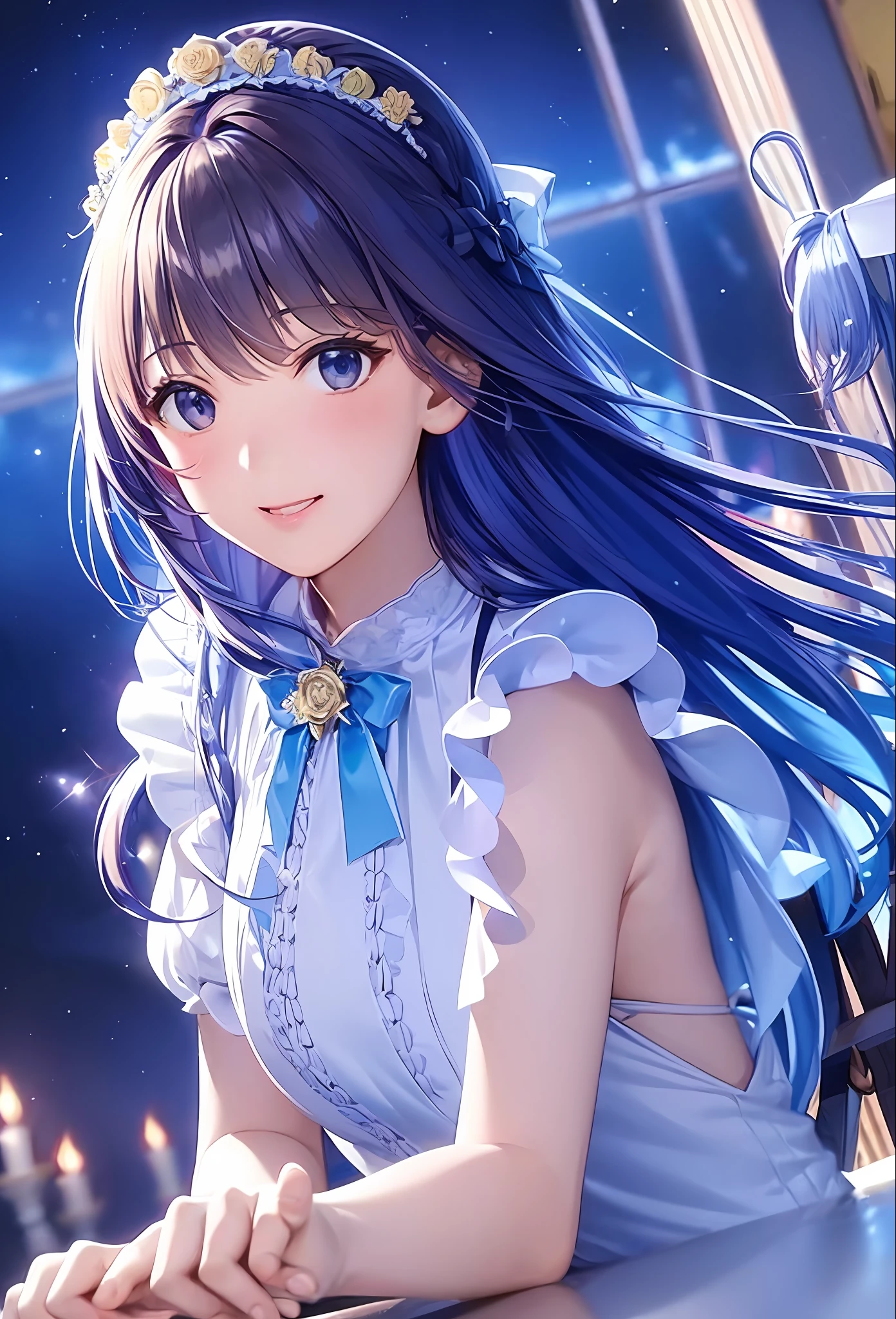 (8K、top-quality、masterpiece:1.2)、(realisitic、Photorealsitic:1.37)、ultra-detailliert、女の子 1 人、cute little、独奏、mid night、Beautiful detailed sky、Detailed Cafe、sitting on、date、(Nasal blush)、 (Smile:1.15)、(Keep your mouth shut)small tits、Beautiful fine eyes、Floating Hair NovaFrogStyle、Dress with open back、Blue Rose Accessories、Blue roses background、Pink dress