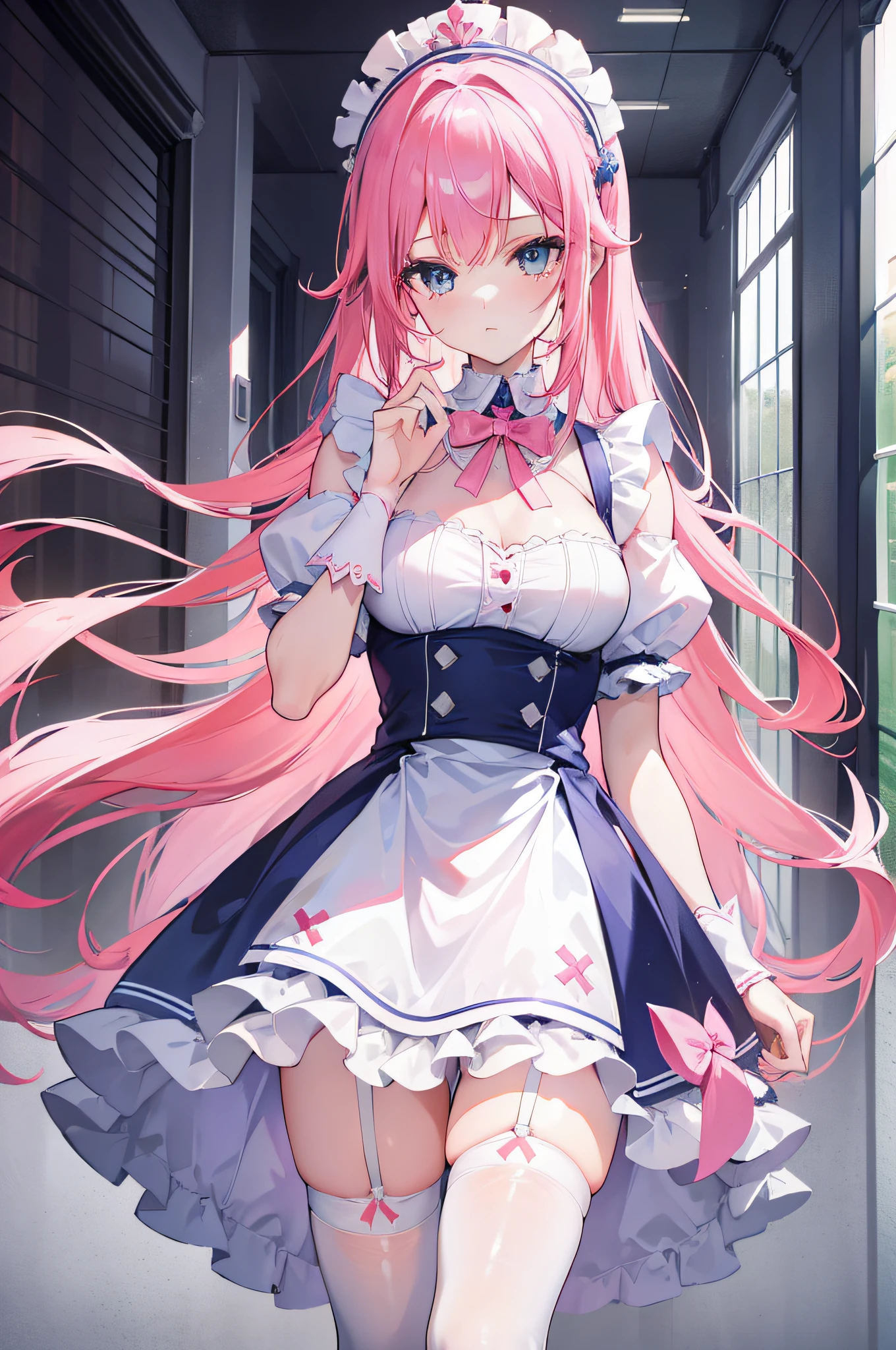 1girl, long pink hair, blue eyes, wearing maid outfit, white stockings, corridor, absurdres, high res, ultrasharp, 8K, masterpiece, looking at viewer,