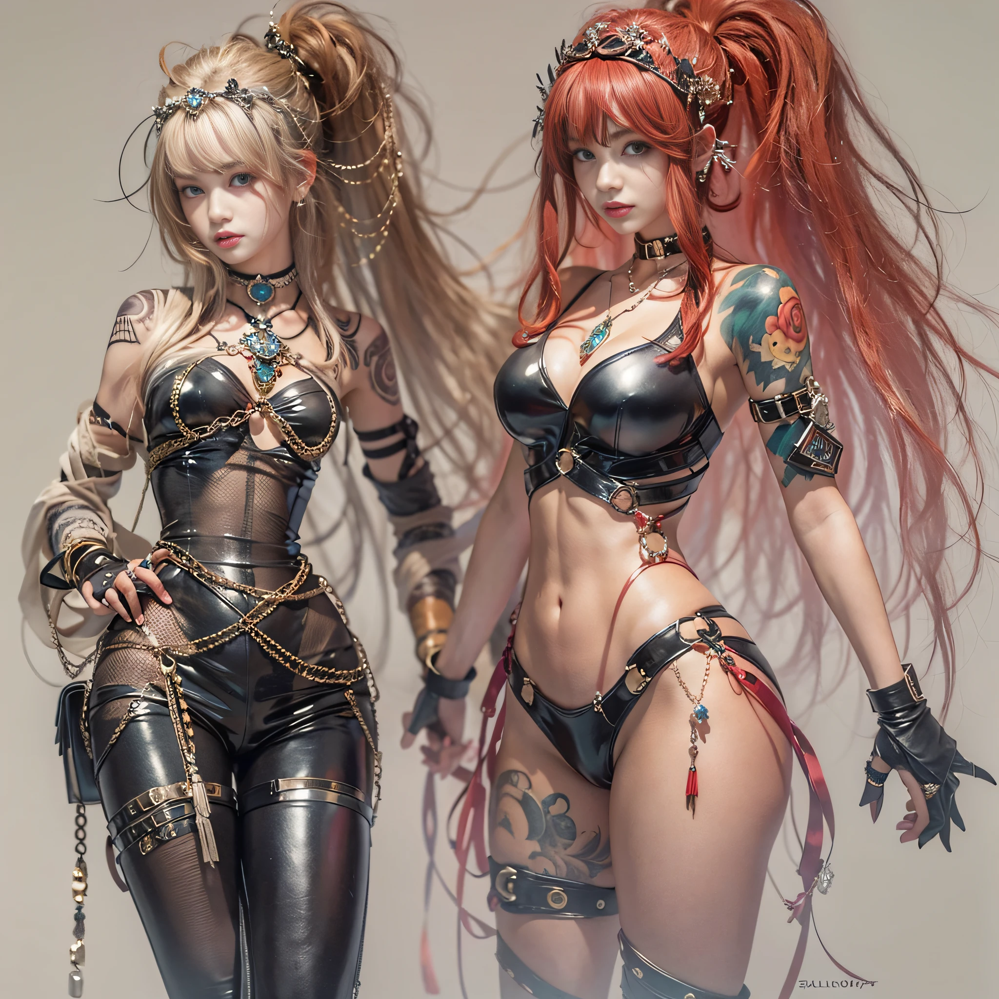 ((masterpiece:1.4)、(top-quality:1.4)、(reallistic:1.7))、Dirty pair、Super Beautiful Duo:1.4、latex shiny:1.4、Bondage style、Latex Bodysuit、By Luis Royo、age19、2girls、Super Ultra Ultra Bikini、Beautiful tattoos:1.4、Sexy Daughter、body piercings:1.7、Colossal tits:1.4、toppless:1.4、Outstanding style、Space Federation Direct Trouble Consultant、Crisp focus:1.5、Slender Abs:1.2、Anatomically correct representation of the human body:1.4、hips up high、A detailed eye、Raw photo、red-lips、Red high heels、a choker、a necklace、耳Nipple Ring、Fantastic mythological landscape、