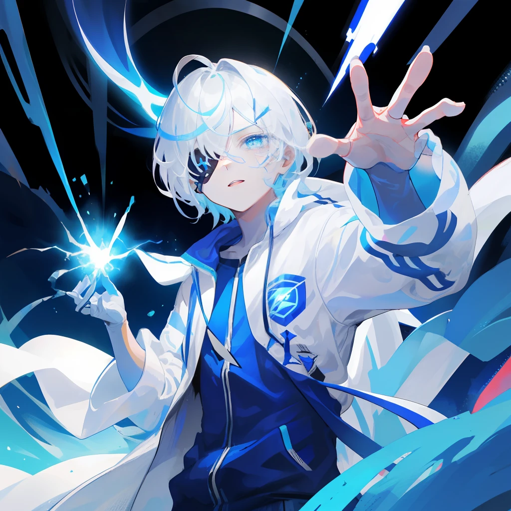 （ultra - detailed，A high resolution）A teenager with white hair，The azure blue eyes have light shooting out，With an eye patch，Color contrast dark background，There is blue lightning
