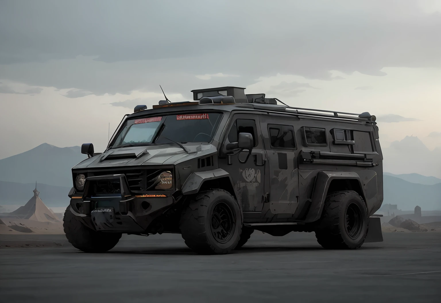 gopro shot of a (cyberpunk armored van) zeekars, 3/4 front view, wide angle action shot, post-apocalyptic, outdoors, night, road, destruction, urban decay, moonlight, full moon in background, masterpiece, photorealistic, 8k, high detail, dark theme,