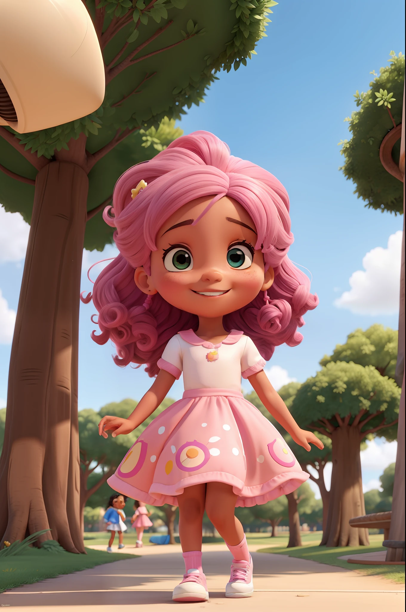Uma menina de 3 anos com cabelos encaracolados castanhos escuros, olhos negros brilhantes e um sorriso brilhante. She's wearing a pink dress with white shoes. She's playing in a park, rindo e se divertindo. The animation should have a style similar to Disney 3D animation, com cores vivas e personagens detalhados.