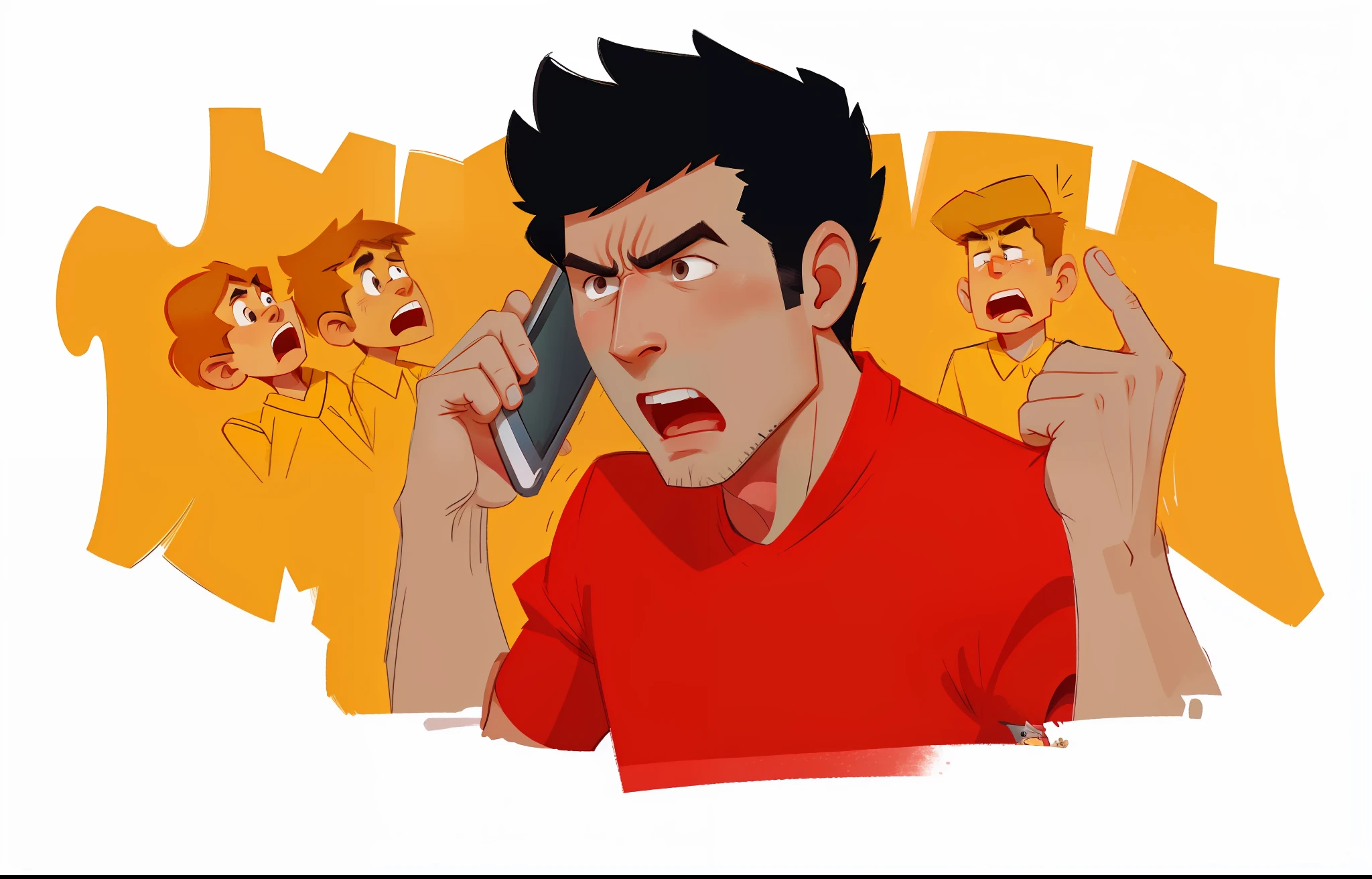 cartoon of a man screaming at his cell phone with a group of people behind him, technological anguish, illustration
