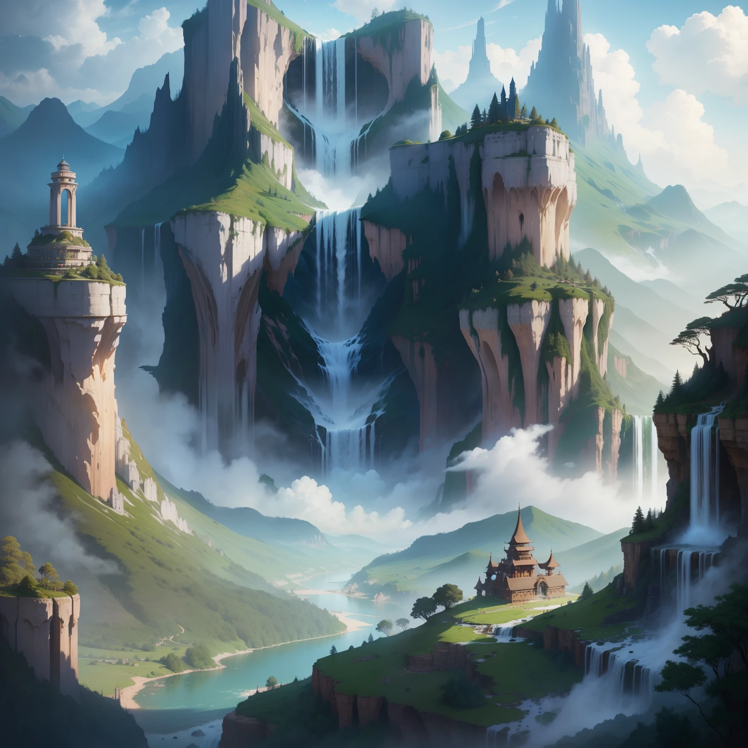 Fantasy world dream Huge structures in isekai Magnificent natural scenery SF Top Quality Beautiful world masterpiece 超A high resolution Detailed landscapes Super huge waterfall