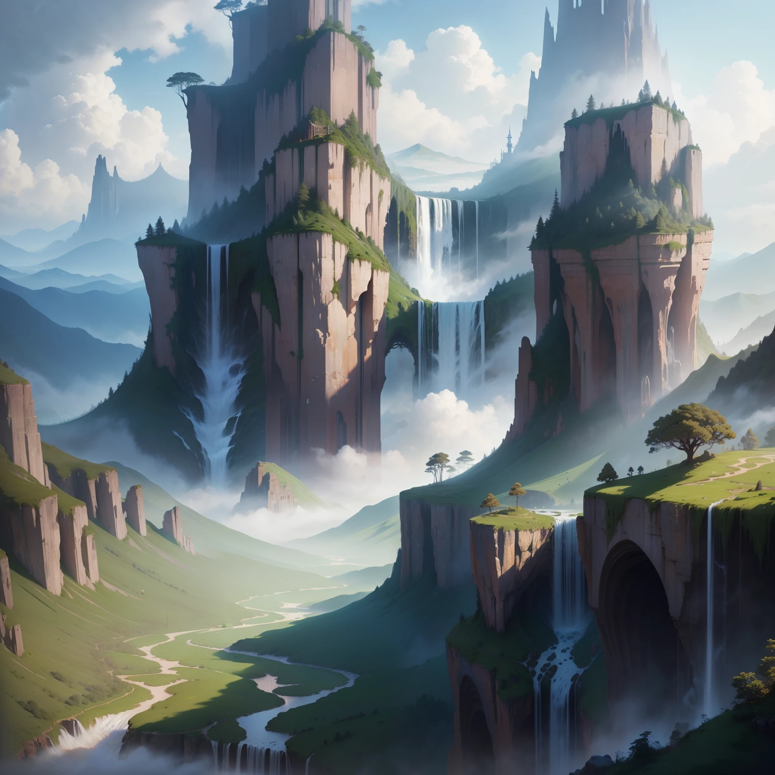 Fantasy world　dream　Huge structures　in isekai　Magnificent natural scenery　SF Top Quality　Beautiful world　​masterpiece　超A high resolution　Detailed landscapes　Super huge waterfall