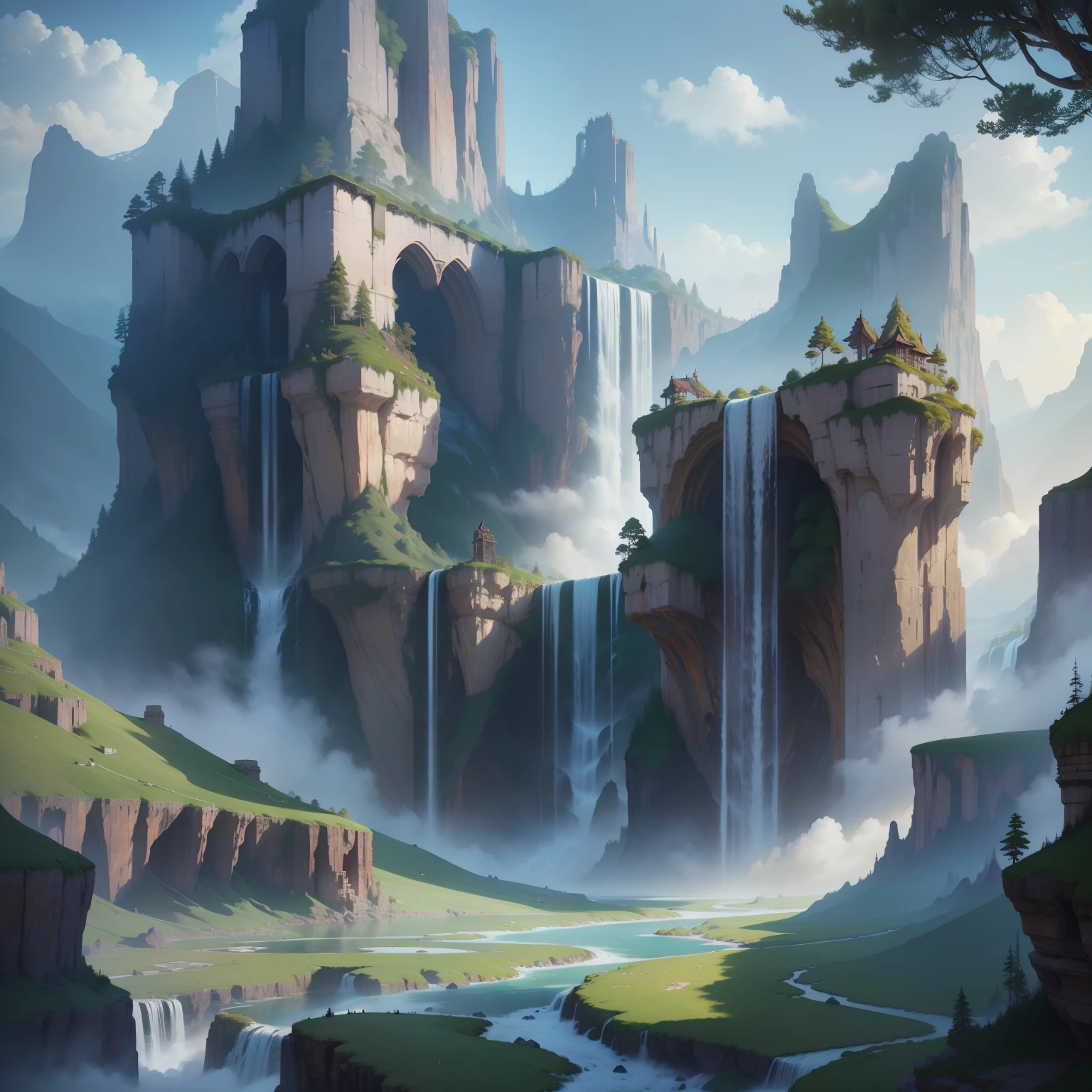 Fantasy world dream Huge structures in isekai Magnificent natural scenery SF Top Quality Beautiful world masterpiece 超A high resolution Detailed landscapes Super huge waterfall