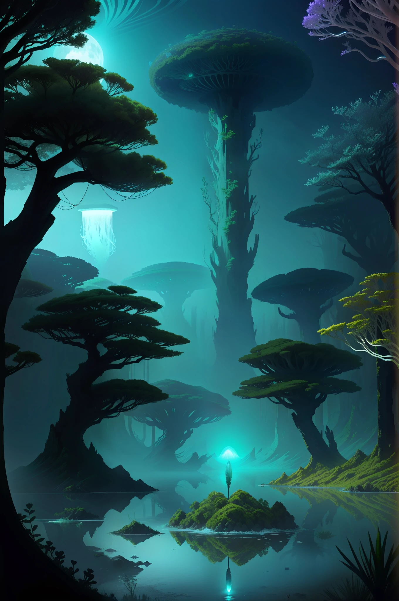 There are many jellyfish floating in the water near the shore, atmosfera pantanosa, Primordial Waters, lush alien landscape, ethereal landscape, em uma paisagem de sonho surreal, paisagem lovecraftiana, Paisagem sci-fiish, alien landscape, an alien landscape, strange alien forest, Distant nebulae are bright algae, cena surreal, alien forest in background