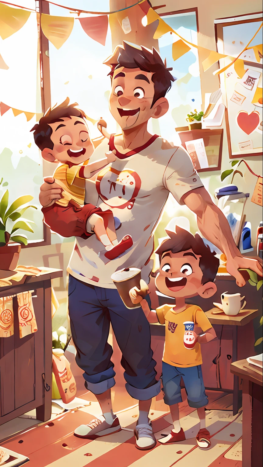 pai e filho, na cozinha, Dad drinking coffee, filho correndo e feliz