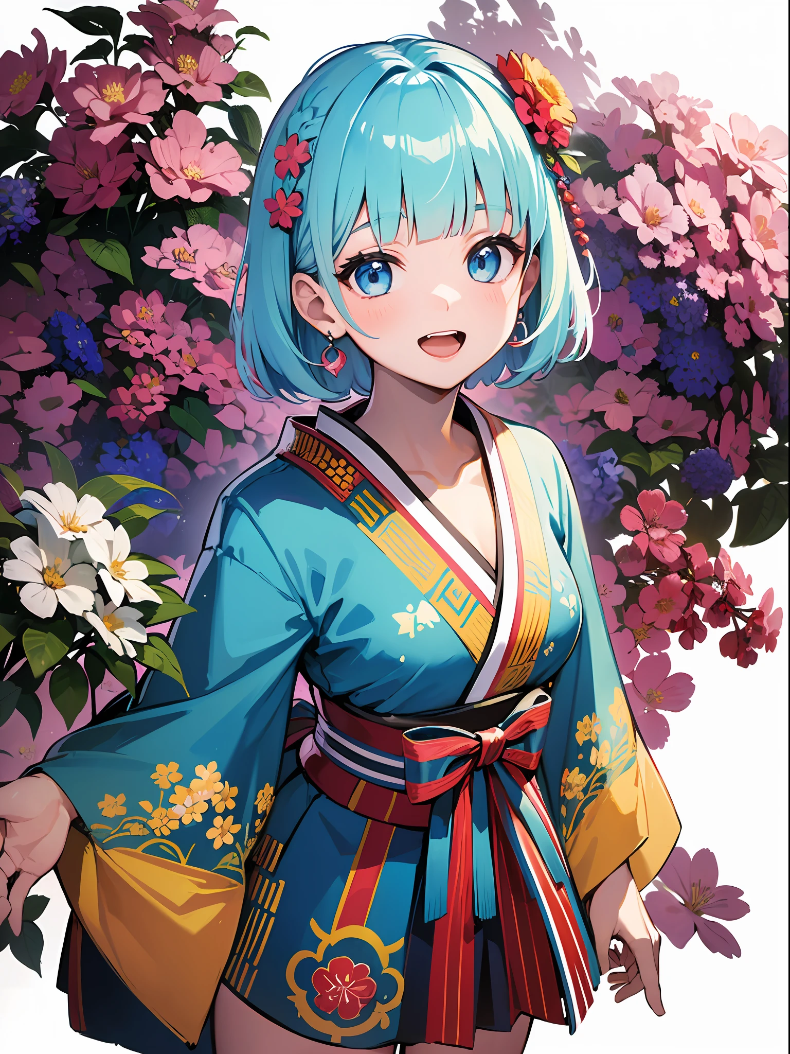 (masterpiece:1.3), (best quality:1.3), high resolution,
couboy shot,
leaning forward, body facing forward,
(one cute girl:1.3), solo,
white skin, small Breast, eight-headed person,
light blue hair, (bobbed hair:1.2), (short hair:1.1), (blunt bangs:1.2), beautiful hair, blue eyes, beautiful detailed eyes,
open mouth, heart, cheerful smile,
japanese clothes, kimono, miniskirt, earrings,
flower garden, (white background:1.2),
shadowlighting,
