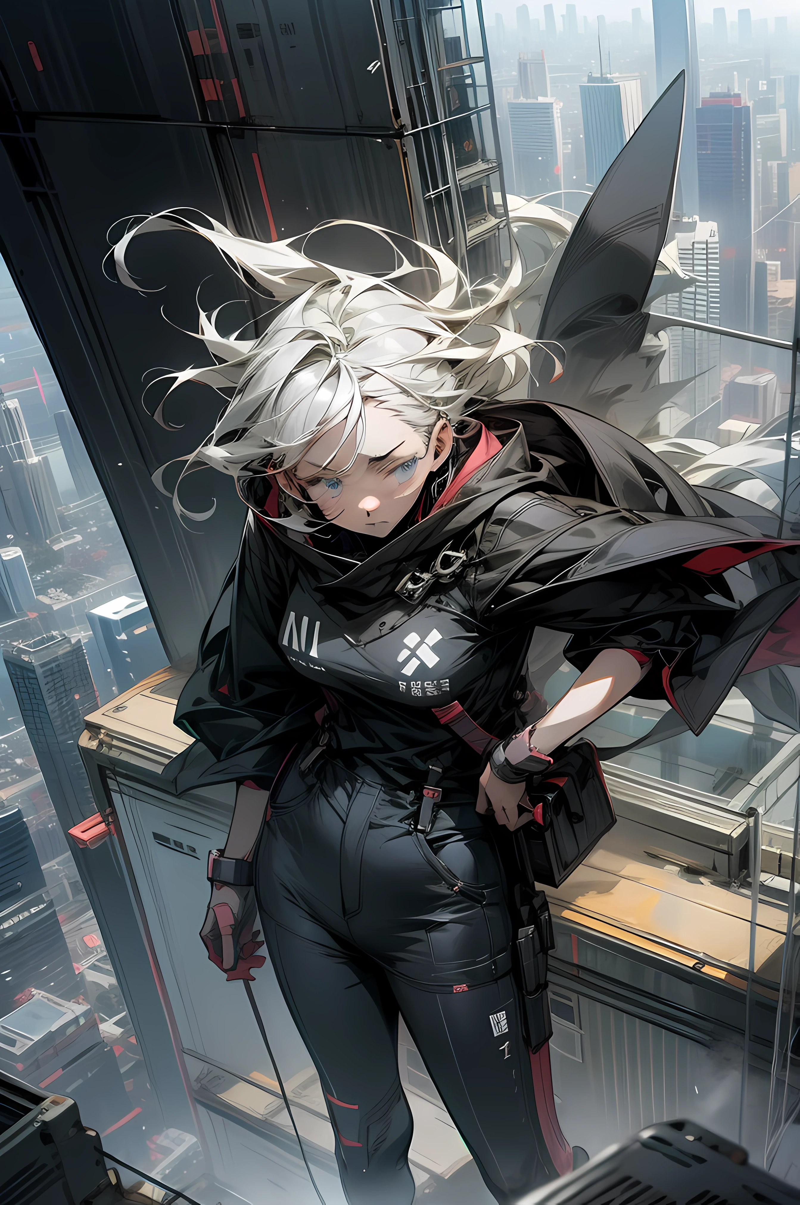 dark anime icons, anime sketch, sad anime girl graying, surrounded by skyscrapers