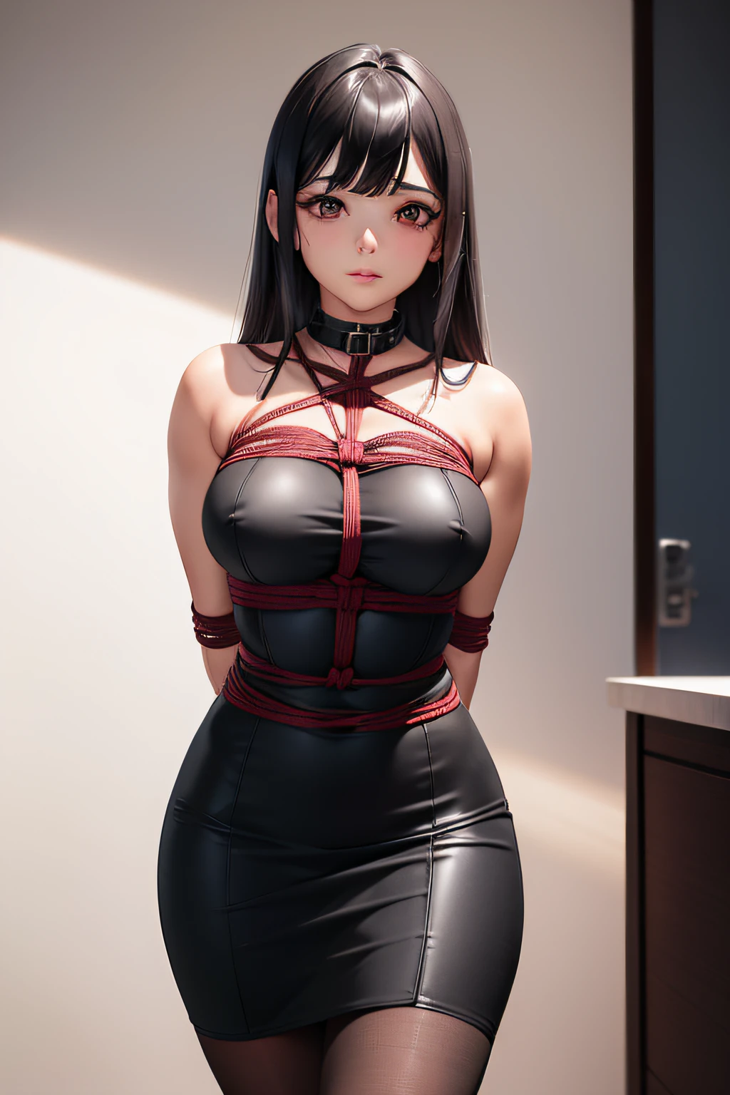(Shibari, arms behind back:1.4), esguio, (quadris largos, coxas grossas), Excitado, Feliz, up to, Olhando para o Viewer, bound arms, arms behind back, ajoelhada, (topo de corte, amarrar, pencil skirt, collar on the neck), in office building, (master part), (melhor qualidade:1.2), Absurdo, detalhes intrincados, (pele altamente detalhada:1.2), ultra realista 8k CG, rosto perfeito, Impeccable, master part, 1girl, fundo do canto da cidade,arms behind back, (Shibari:1.21), Cabelos Coloridos, Cabelos Longos, sozinho, bondage outfit, dominatrix,BDSM,(envergonhado:1.21),