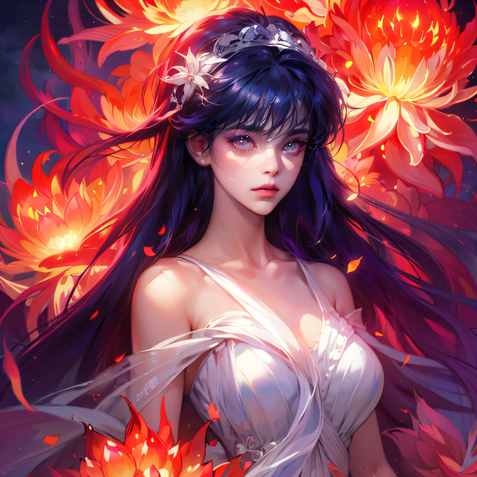 (Masterpiece:1.2), best quality, (night sky, wery long blue hair:1.2),(illustration:1.2), beautiful scenery, scared,(Masterfully crafted Glow, lens flare), (ultra-detailed), hyper details, (delicate detailed), (intricate details), (cinematic light, best quality Backlights), clear line, new world, viewer, solo female, perfect body, (1female), (Bright bioluminescent hair  hair, bright glowing eyes), (Dynamic:1.3), ((makeup)), high contrast, (best illumination, an extremely delicate and beautiful), ((cinematic moonlight)), colourful, ((Photoshop Pastel Painting:1.1)), ethereal, (Cinematic masterpiece),suspense,  splashes of colour, absolutely eye-catching, ((caustic)), dynamic angle ,beautiful (detailed glow), (eerie),(Intricate Detailed Cinematic Scenery Behind:1.2),ambient occlusion, (ambient moonlight), ray-traced reflections, intricately detailed visible background, night snow storm, stars, very long curly white hair, ice queen, white and light blue gothic royal dress with embroidery, long embroidered stockings, crystals and pearls, big halo shaped crown, ice crystals around, snow storm, mature woman
